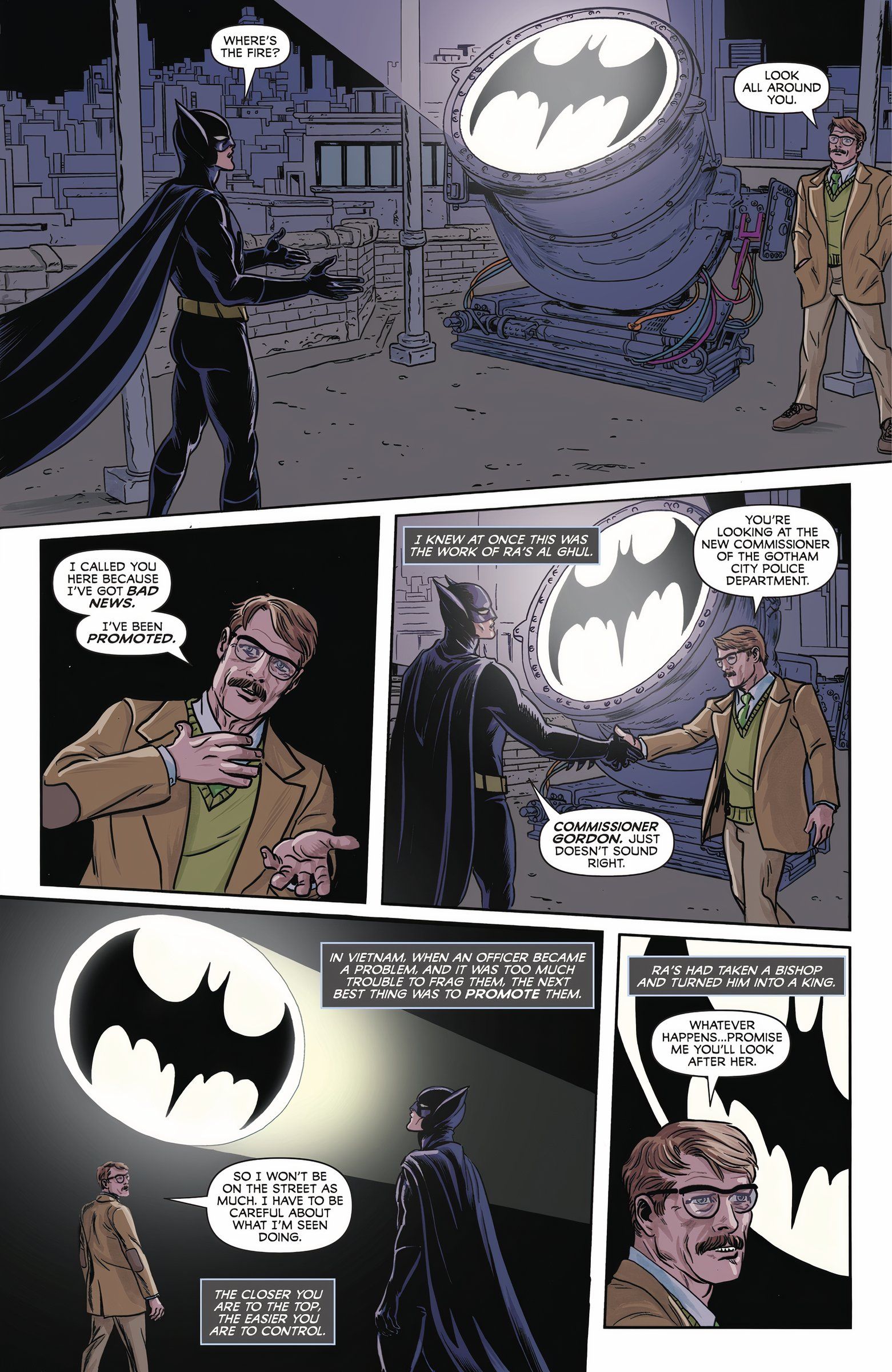 Batman Dark Age #5 Batman e Gordon se encontram no Bat=sinal para discutir a promoção de Gordon