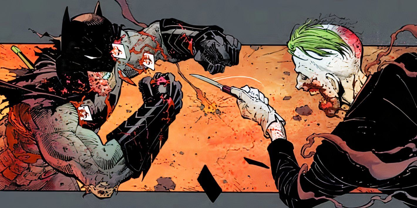 Painel de quadrinhos: um Batman ensanguentado e espancado enfrenta um Coringa empunhando uma faca