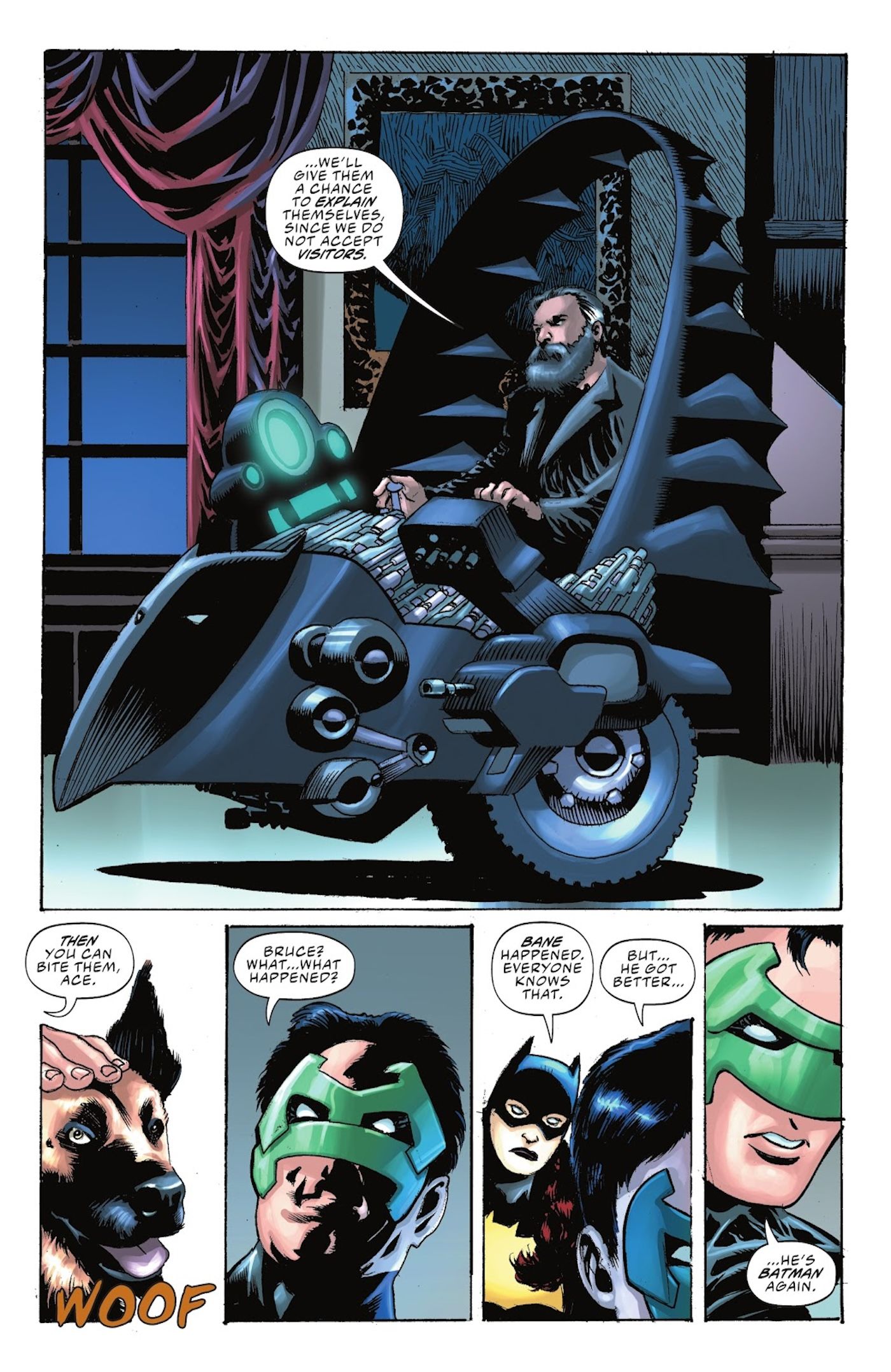 Page de bande dessinée : un vieux Bruce Wayne apparaît dans un fauteuil roulant de haute technologie. Green Lantern Kyle Rayner et Batgirl parlent de Bane qui s'est cassé le dos.