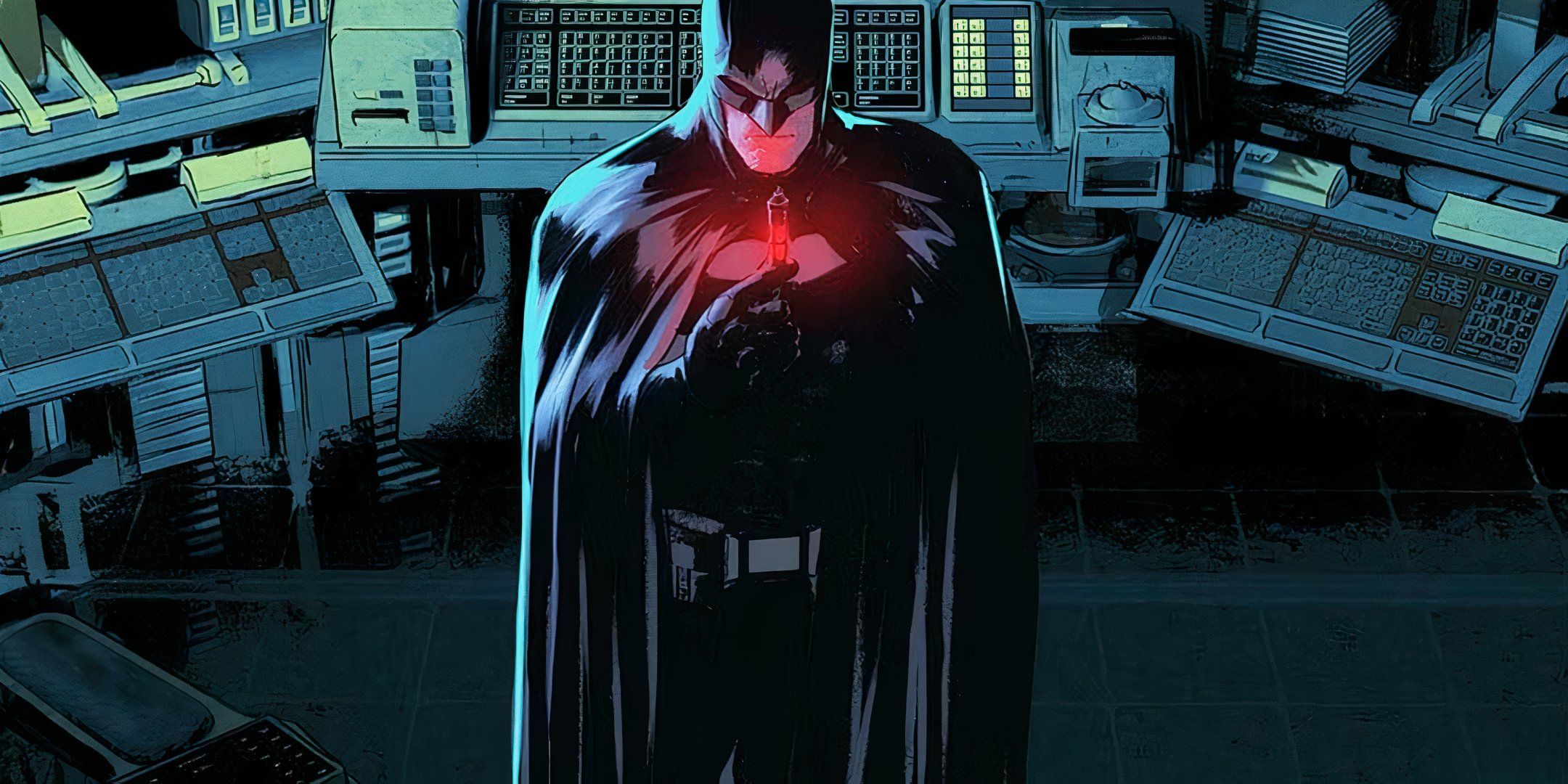 Batman holds onto a glowing red vial DC