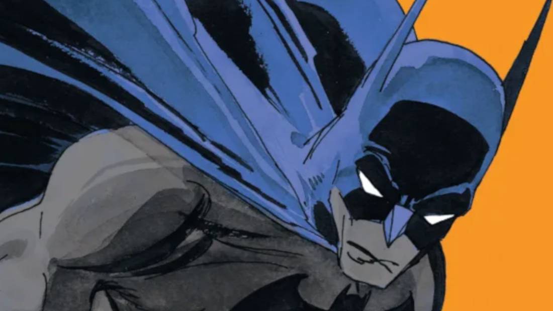 Arte em quadrinhos: Batman inclina-se contra um fundo laranja