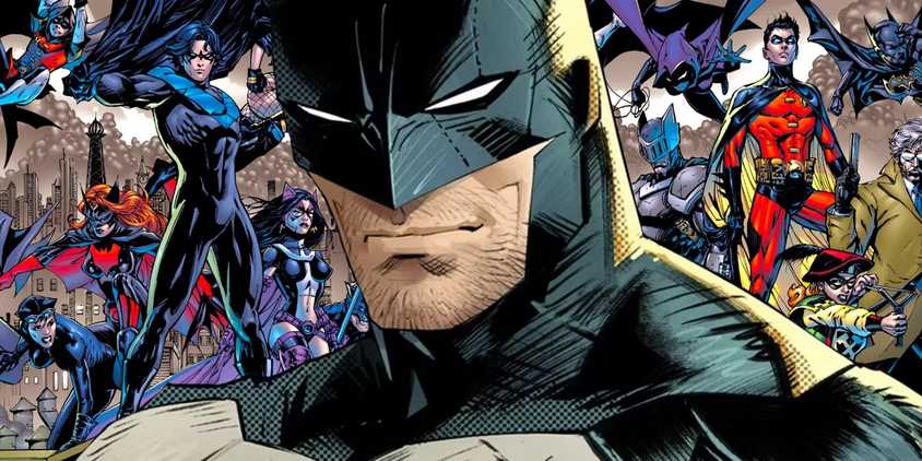 Comic book art: Batman with the extended Bat-Family in the background.