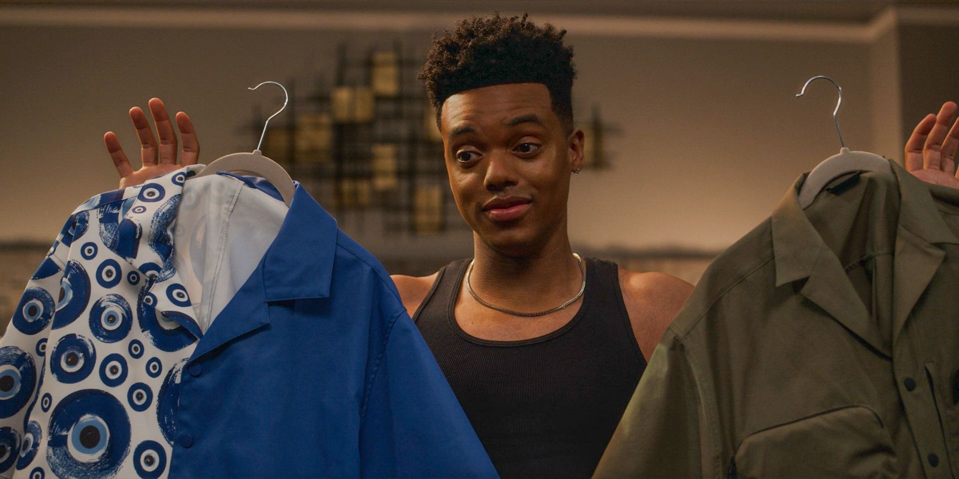 Will (Jabari Banks) deciding which outfit to wear to meet with Lou in Bel-Air Season 3 Episode 6