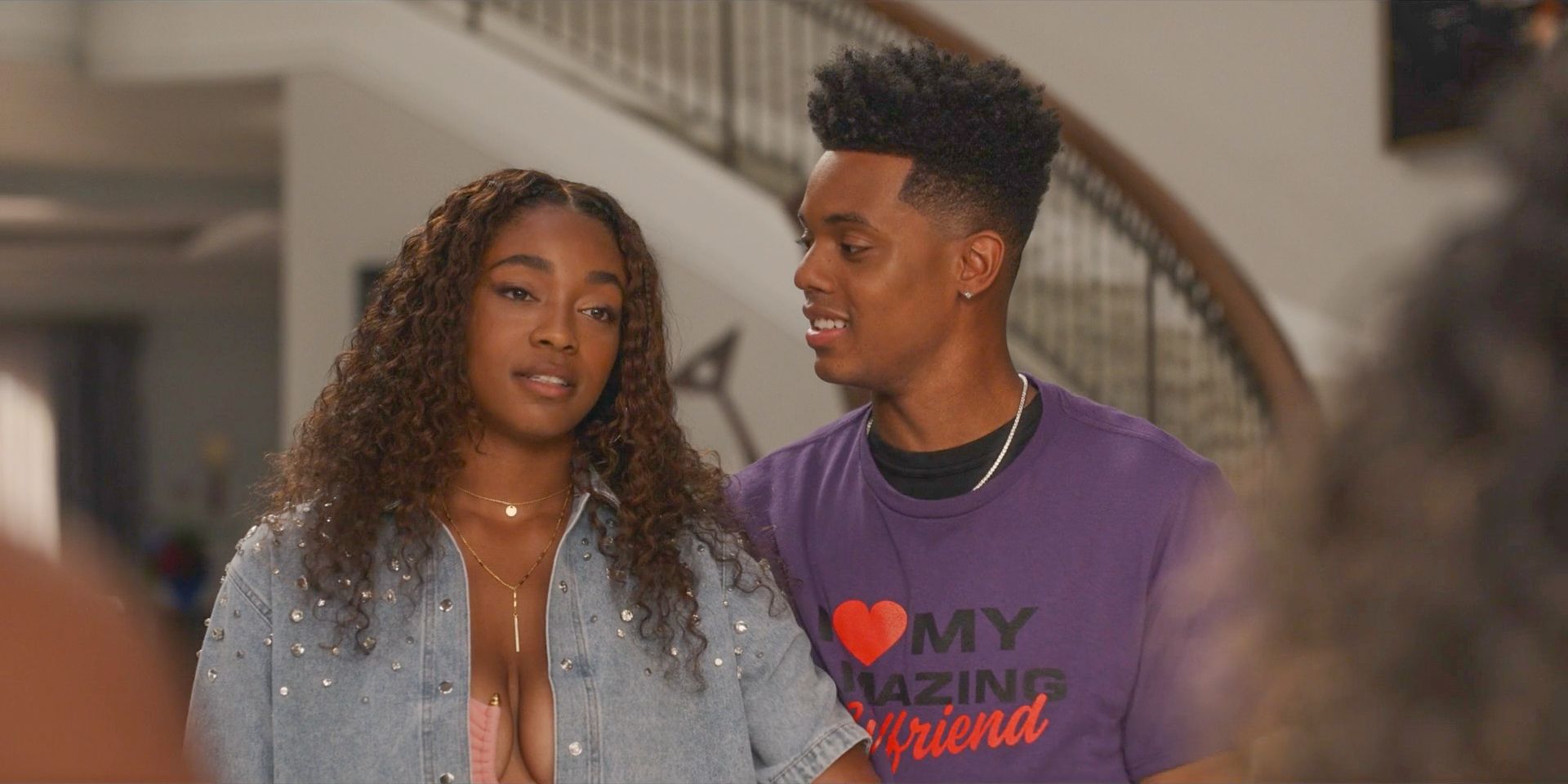 Will (Jabari Banks) looking at Lisa (Simone Joy Jones), who looks uncomfortable in Bel-Air Season 3 Episode 7