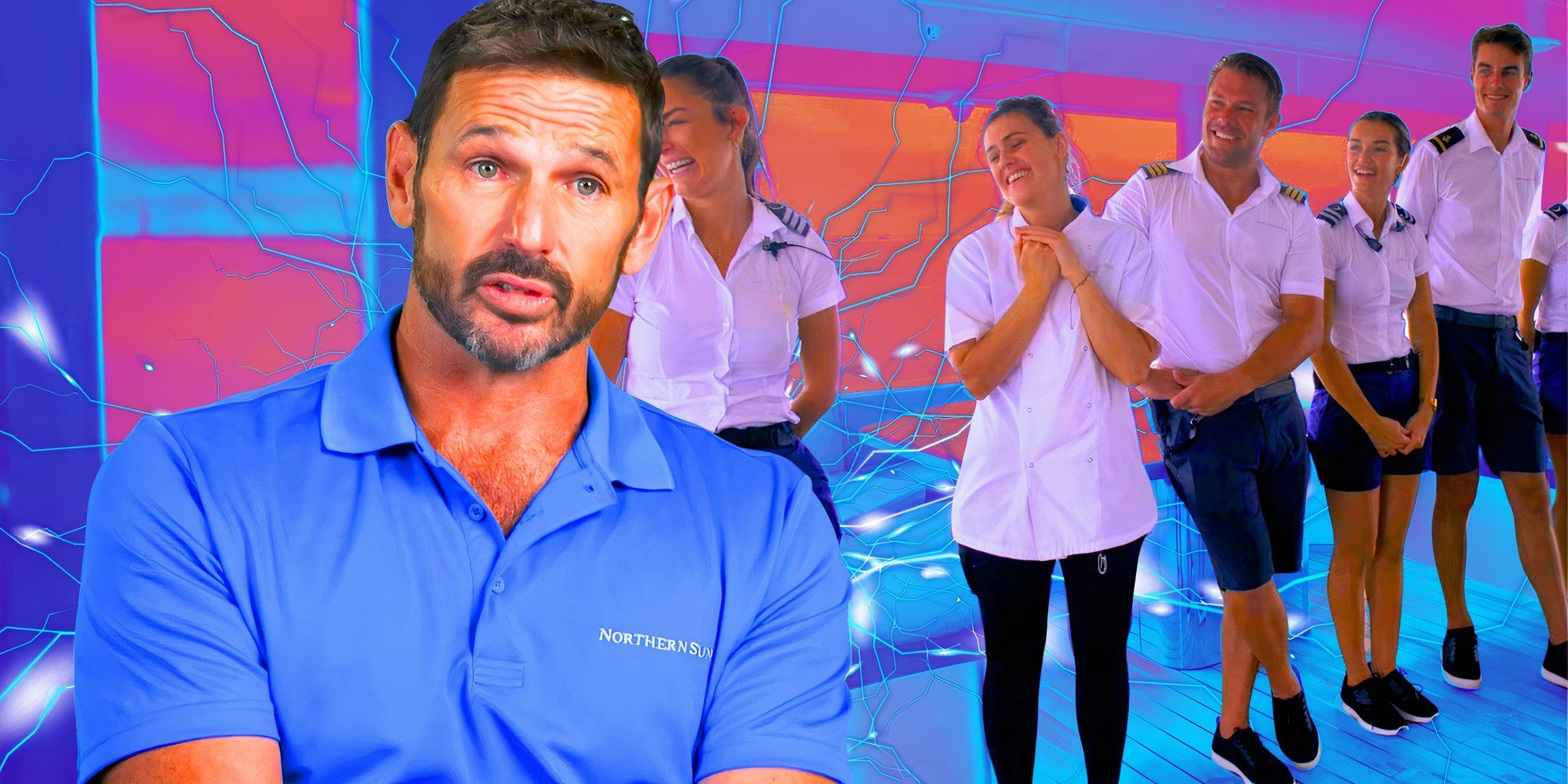 Below Deck Down Under's Captain Jason Chambers wearing blue in montage with castmates in the background