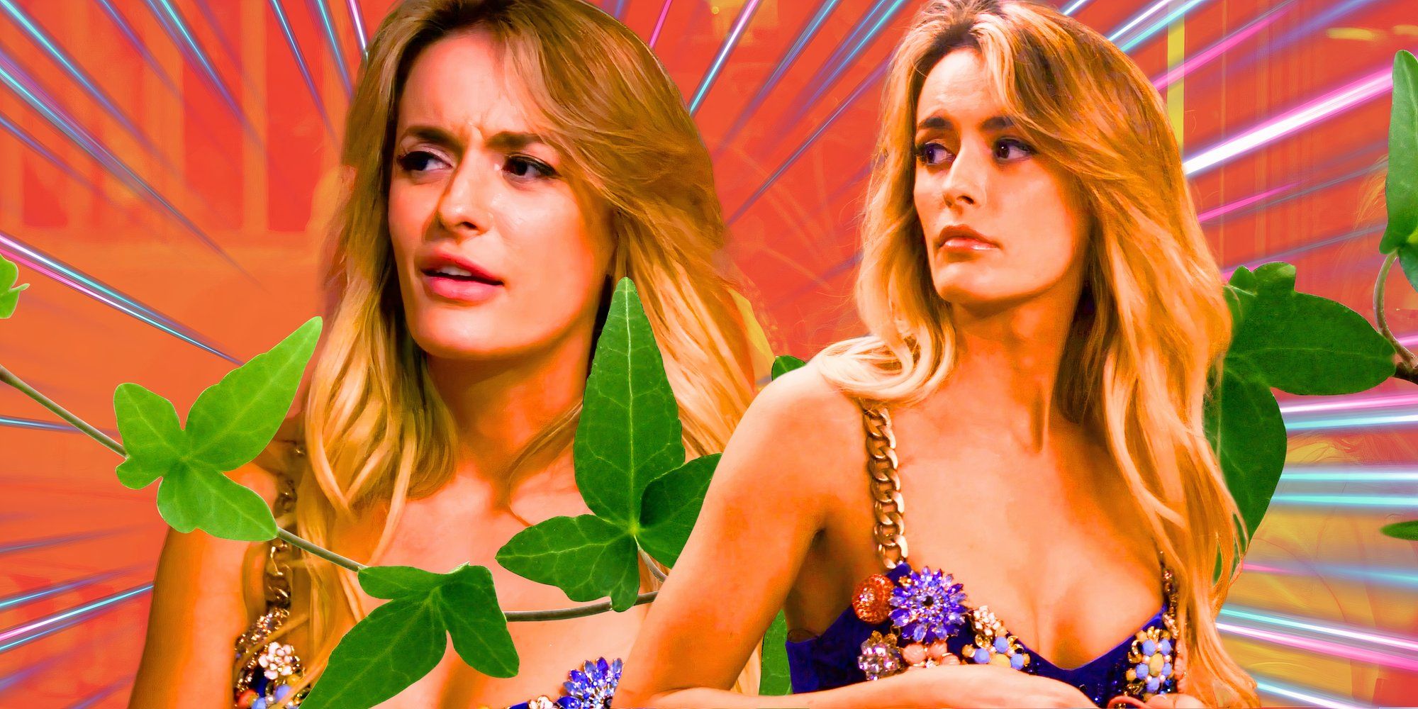 a montage of Ellie Dubaich from below deck med with plants and orange background