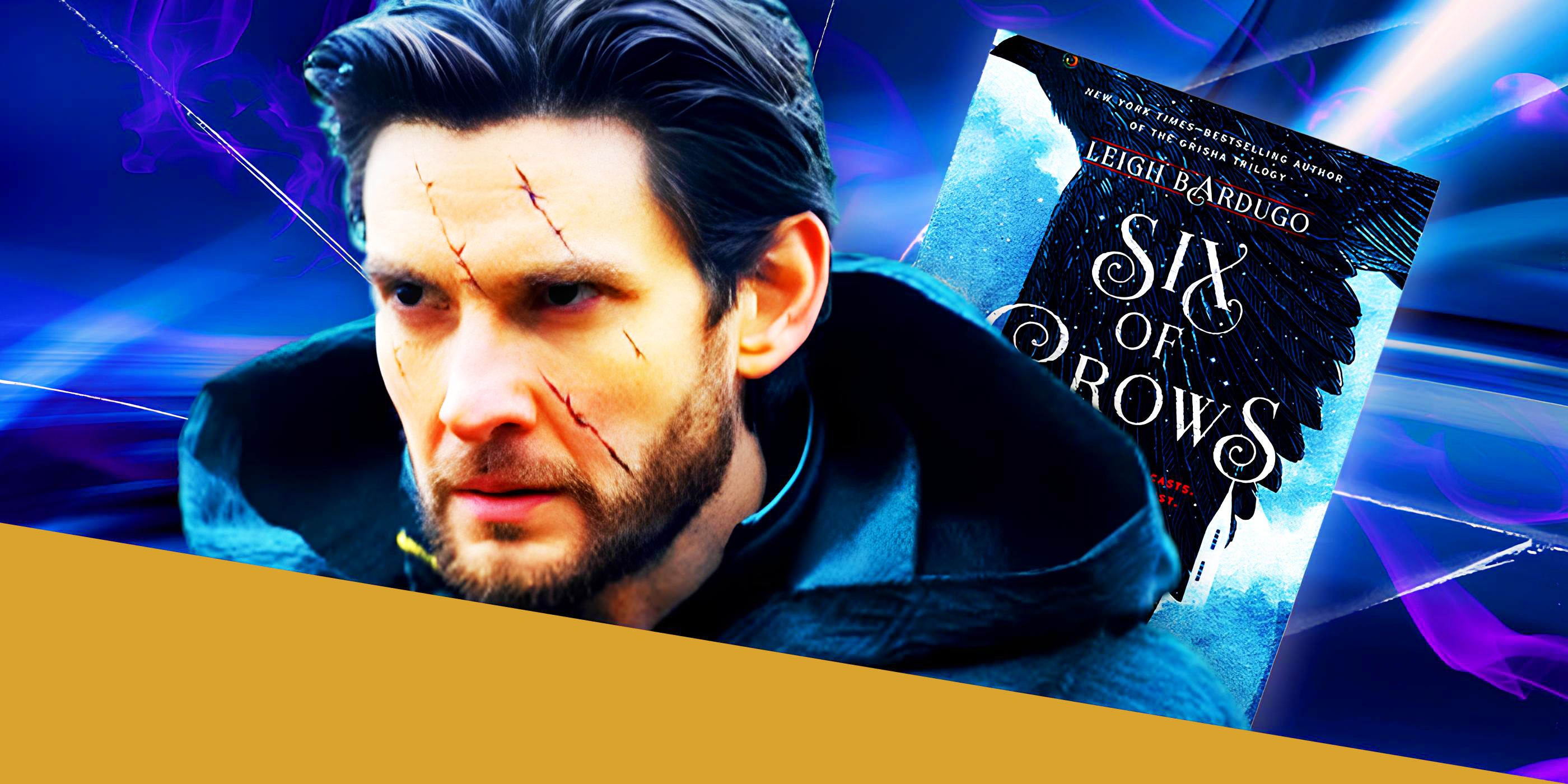 Ben Barnes in Shadow of Bone In Front of the Six of Crows Book Cover