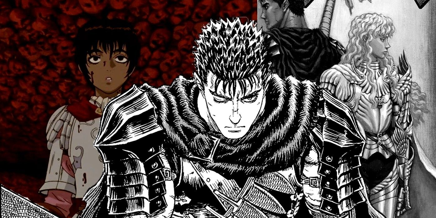 Berserk&rsquo;s Guts postitioned with a stoic face in the center, Casca looking up behind him, and Griffith looking to the right behind Guts' right shoulder