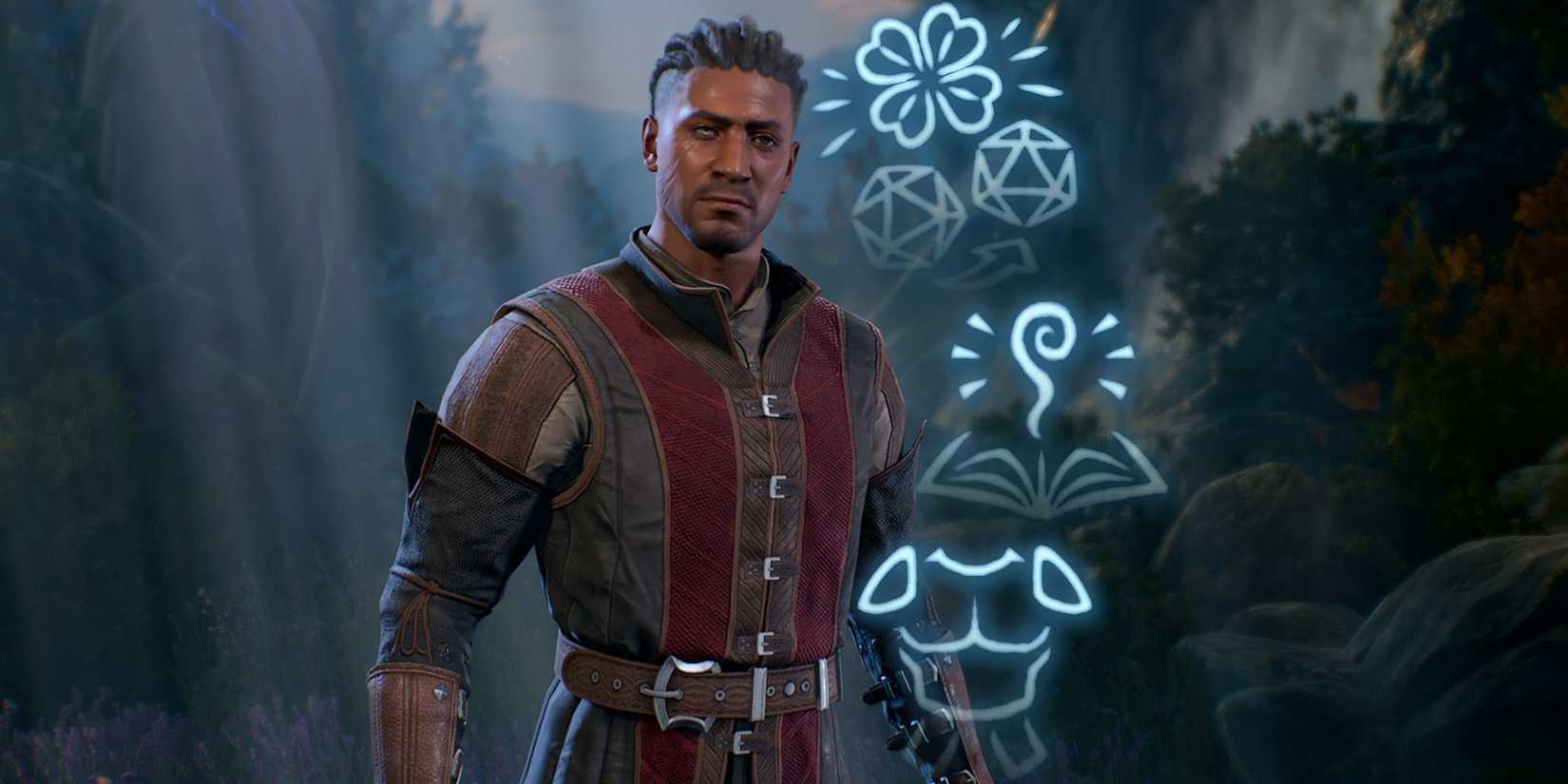 Wyll from Baldur's Gate 3 with three feat icons next to him.