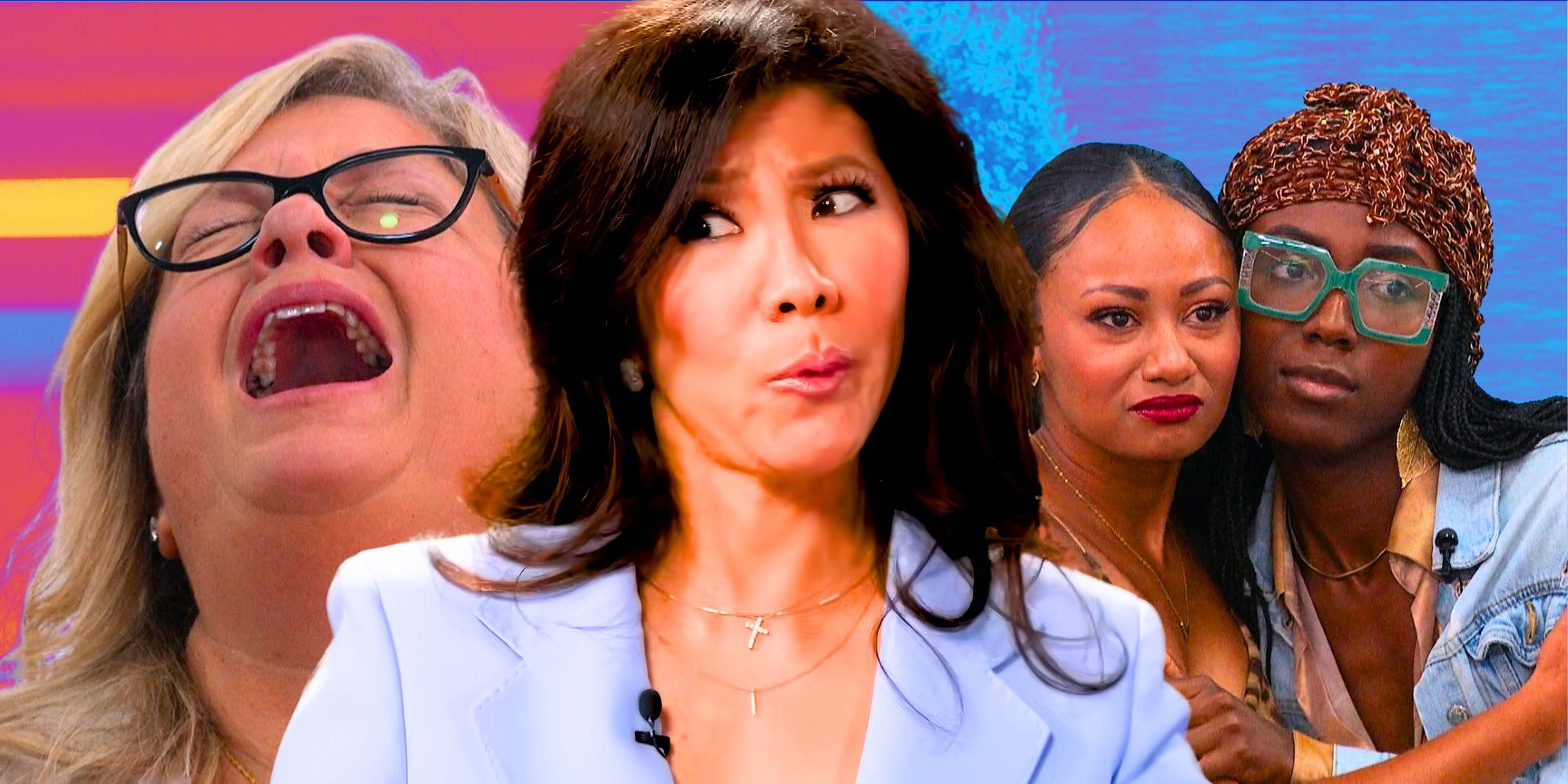 Julie Chen Moonves parece chocada na frente de três convidados do Big Brother 26