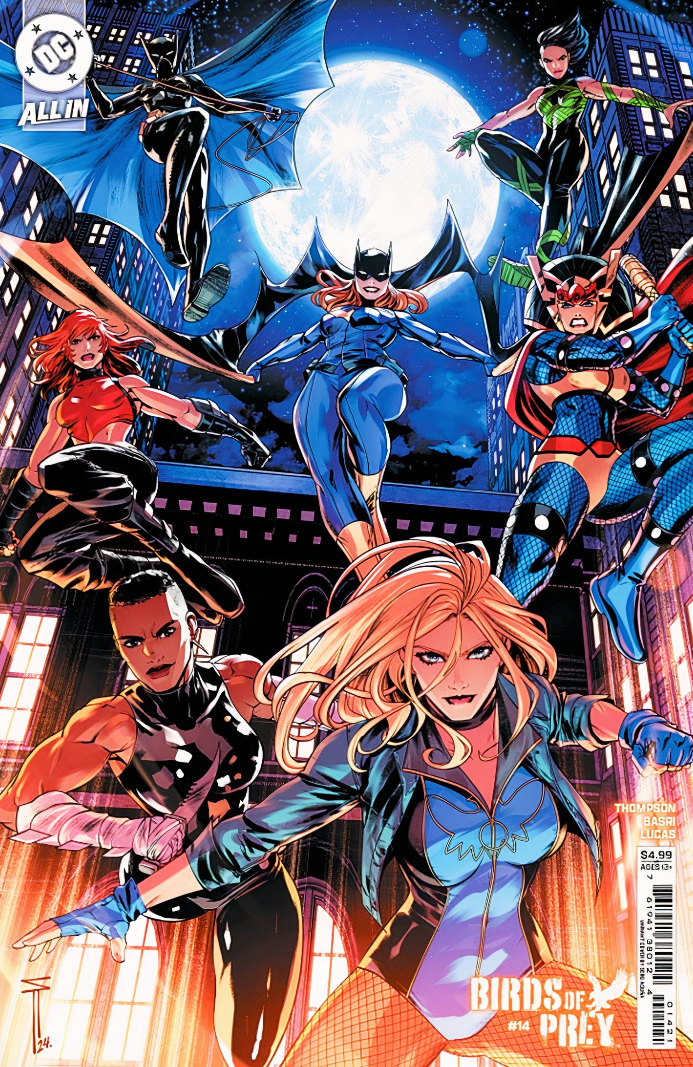 Birds of Prey #14 variant cover featuring the assembled team leaping into battle against a city backdrop