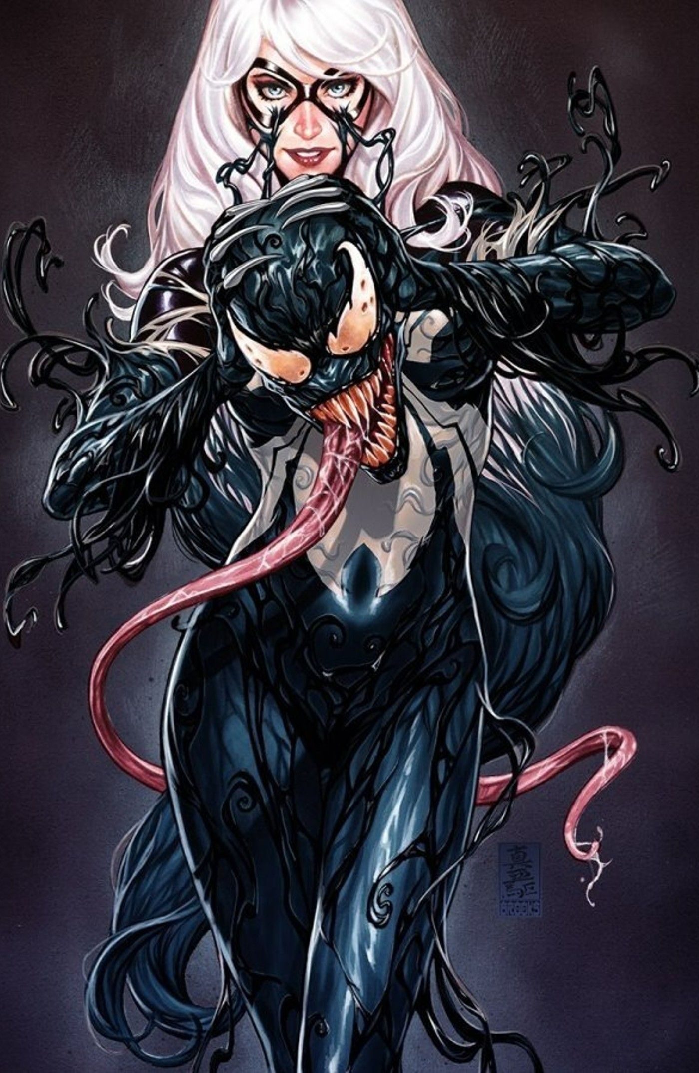 Black Cat wears a symbiote suit, holding Venom's head in his hands, his tongue curling behind his back