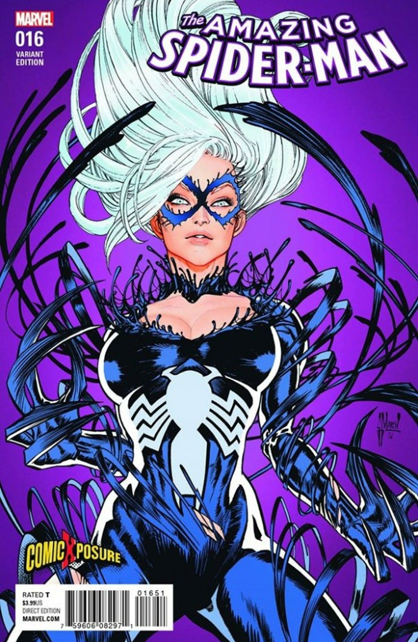 Black Cat is dressed in a symbiote suit against a solid purple background