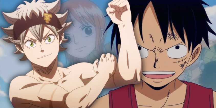 Asta on the left flexing his arms as Luffy in the background looking determined.