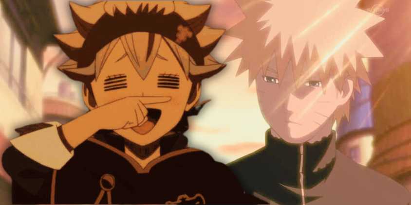 Asta rubs his nose proudly with Naruto appearing sad.