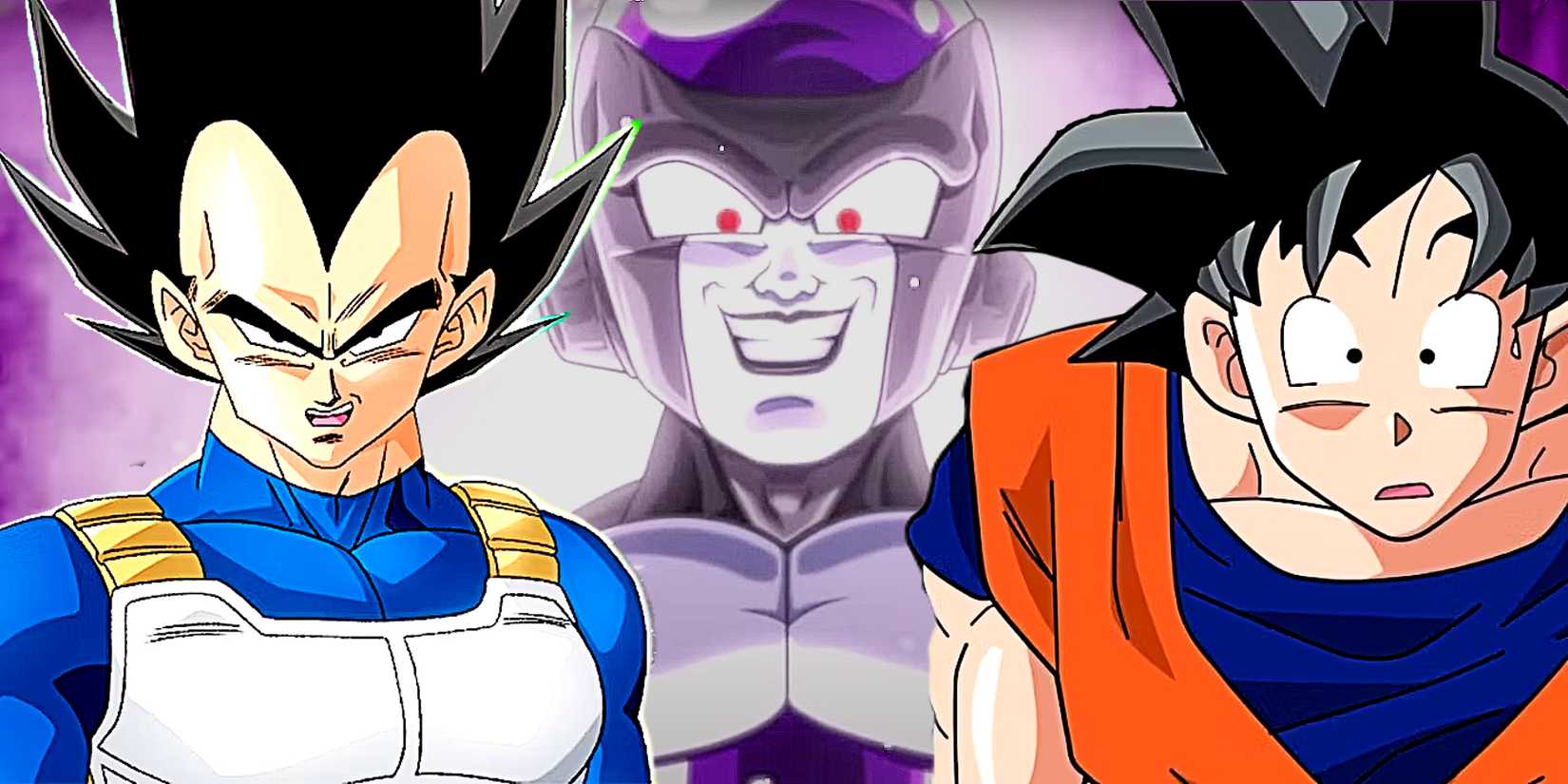 Black Frieza creeps up on a scared Vegeta and Goku in Dragon Ball Super