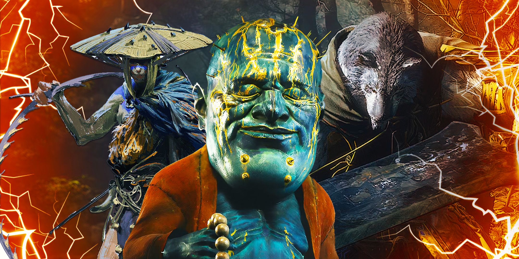 Black myth Wukong Yin Tiger, Green-Capped Martialist, and Elder Jinchi among lightning bolts.