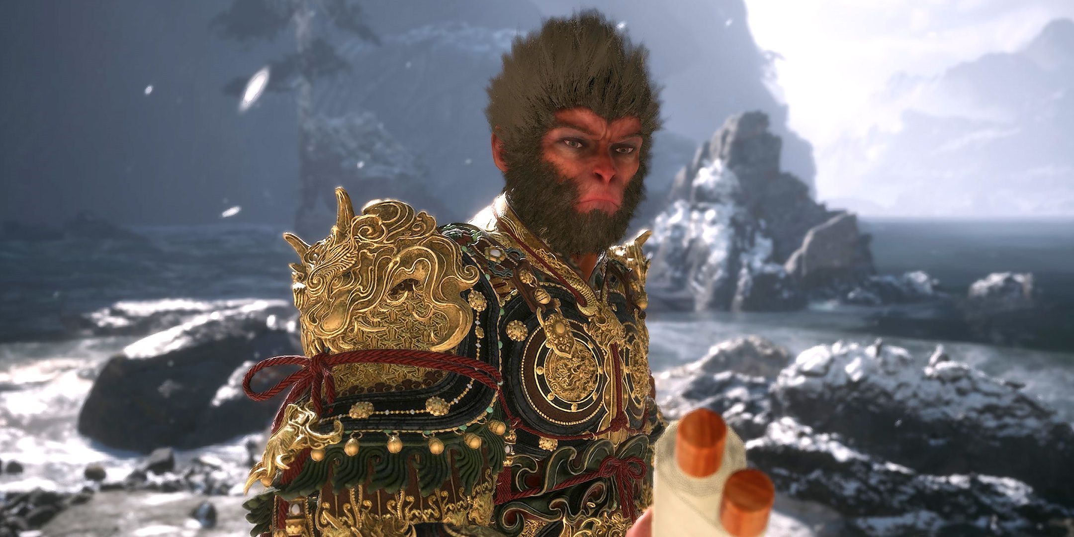 Le Destiné tenant un parchemin dans Black Myth: Wukong.