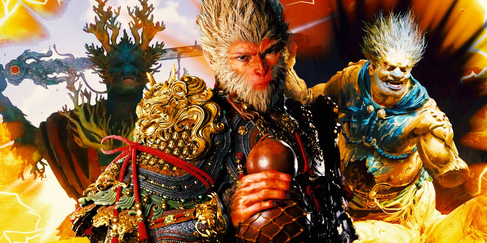 Sun Wukong com dois chefes de Black Myth: Wukong atrás dele.