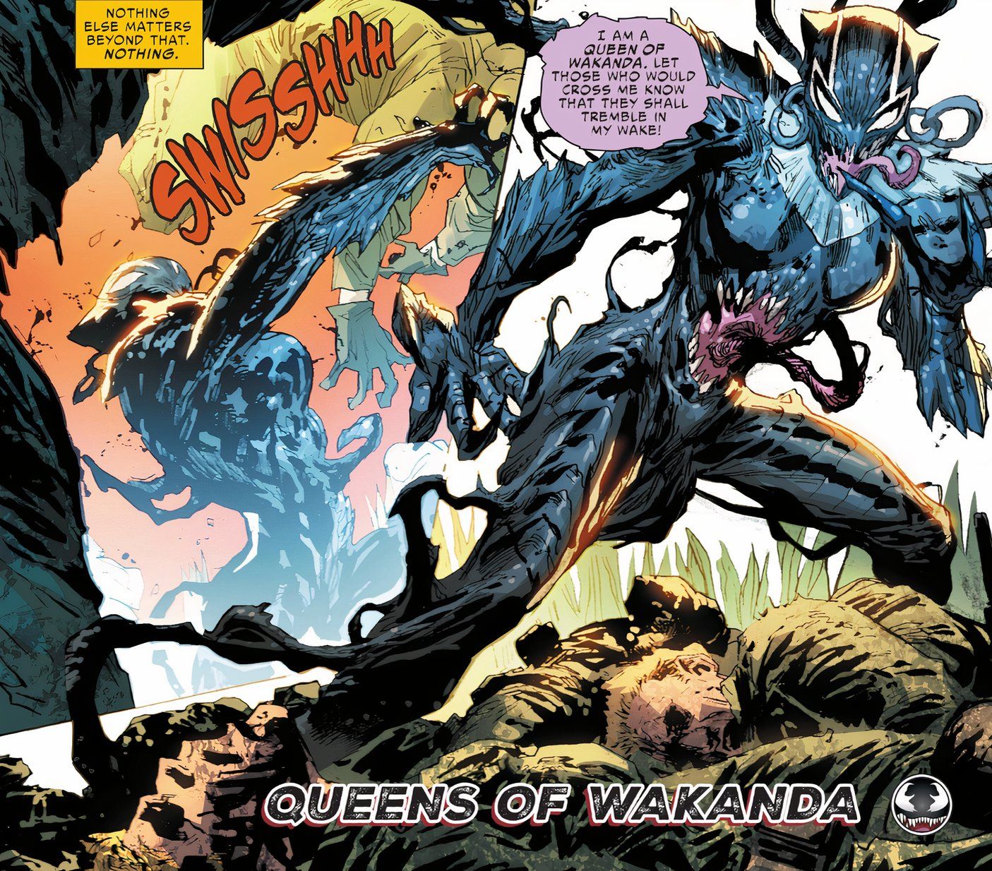 Black Panther Queen, unida al simbionte Venom, mata a los intrusos en el palacio de Wakanda.