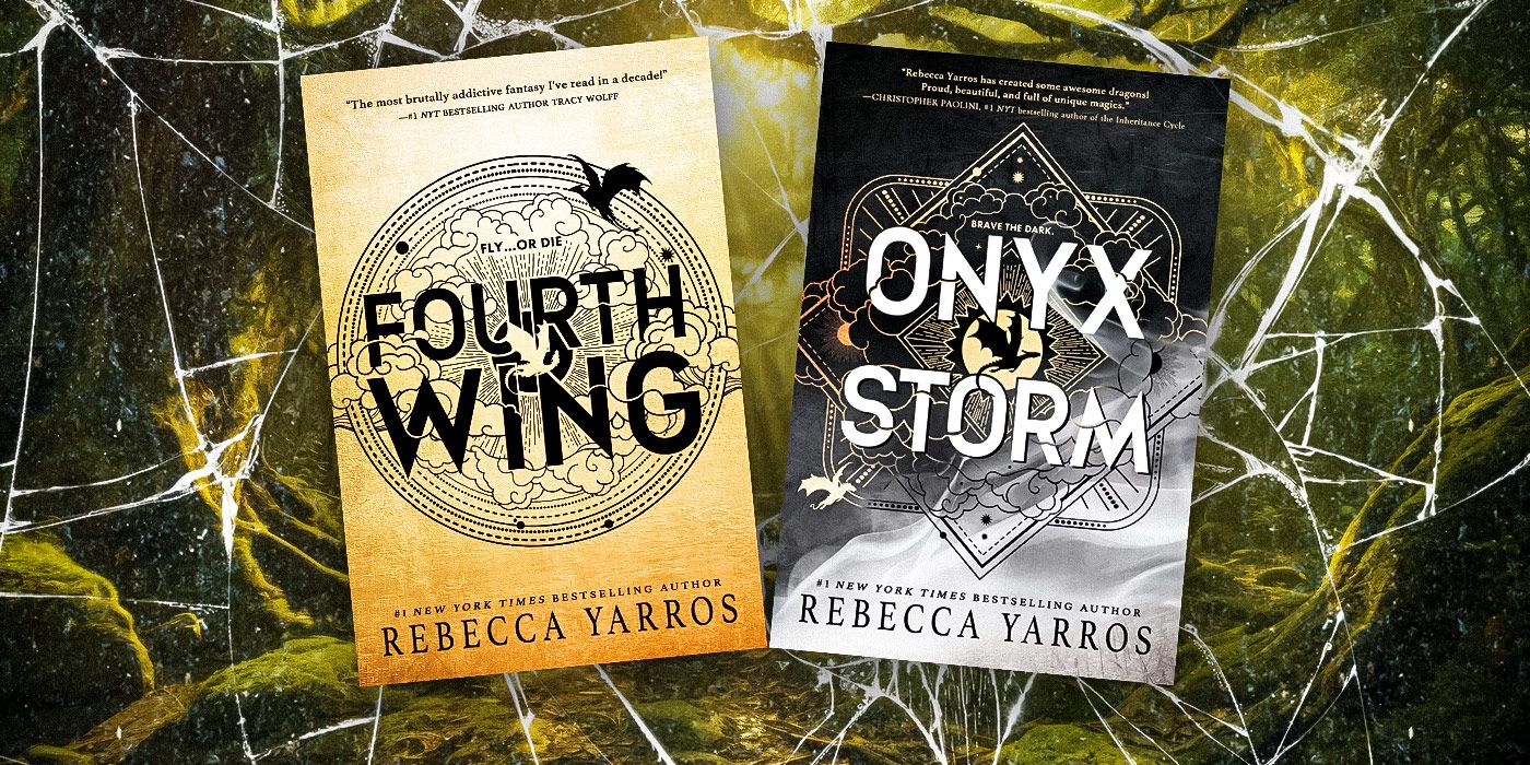 The covers of Fourth Wing and Onyx Storm by Rebecca Yarros, with a yellow, black, and white background