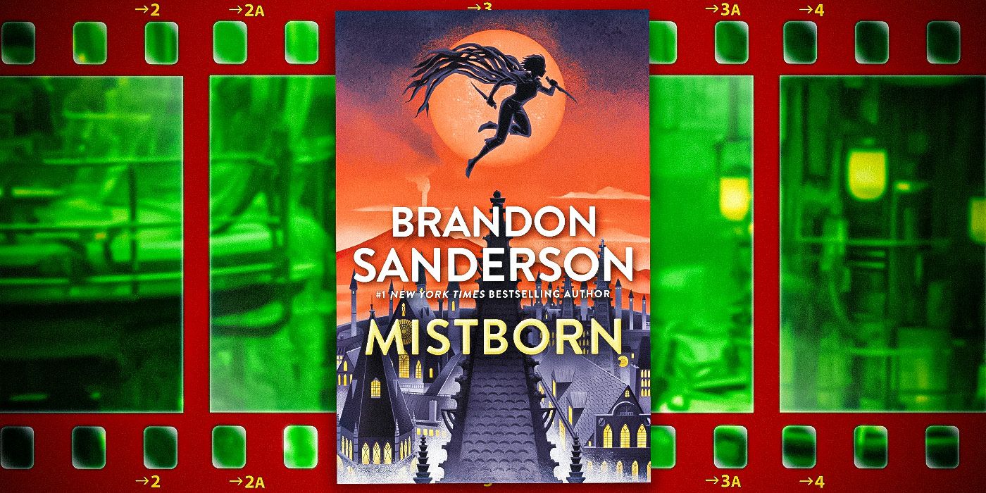 Book cover for Mistborn with film reel background