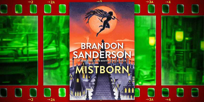 Book cover for Mistborn with a film reel background