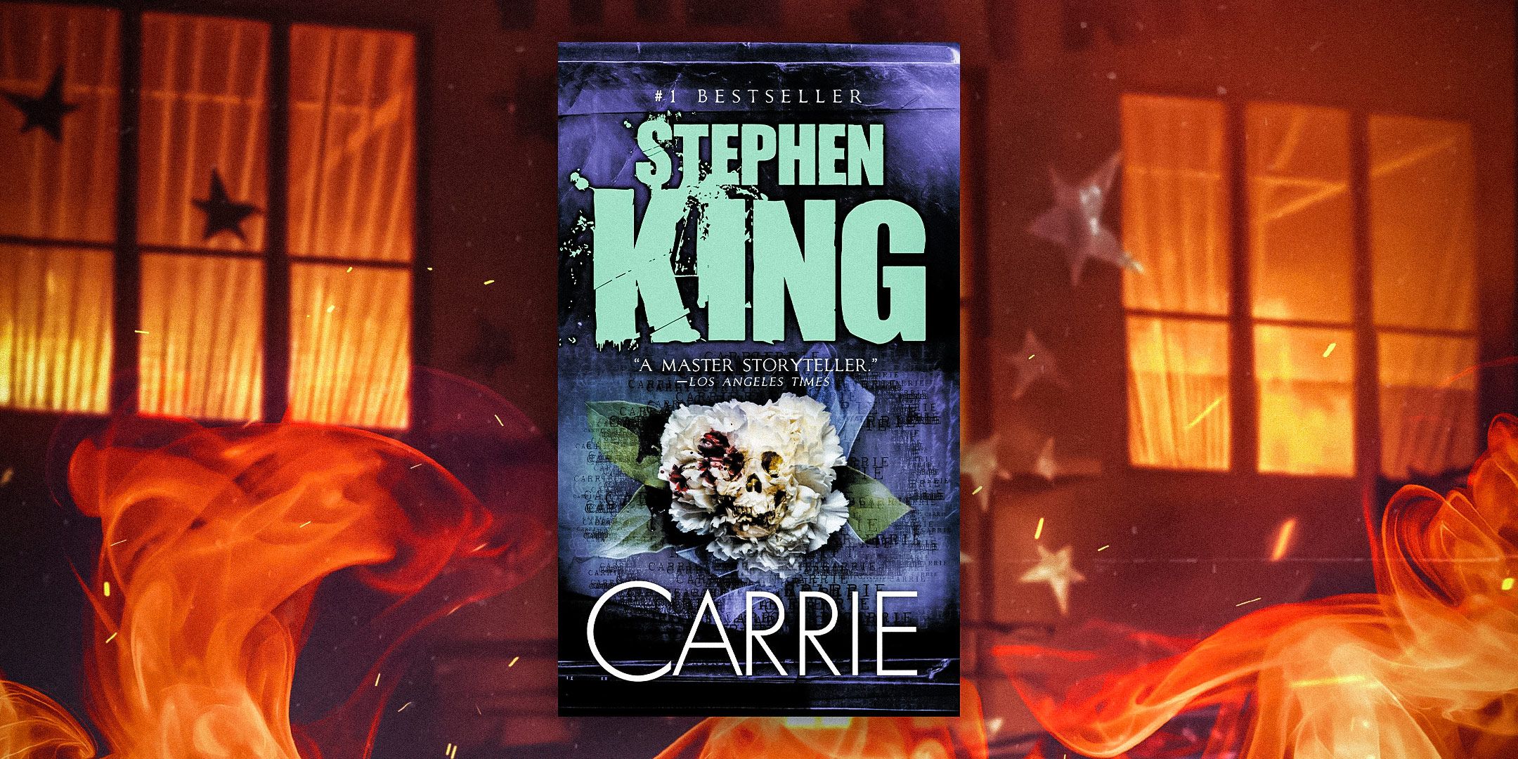 The 50th anniversary cover of Stephen King's Carrie with a burning building as the background