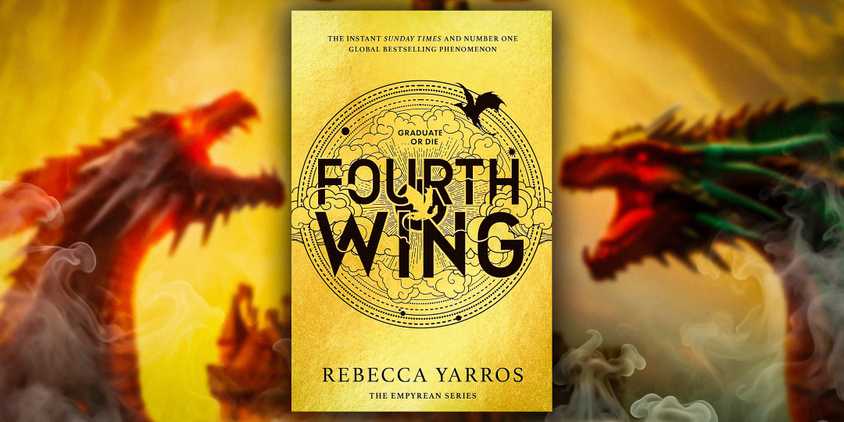 Fourth Wing book cover with dragons in the background