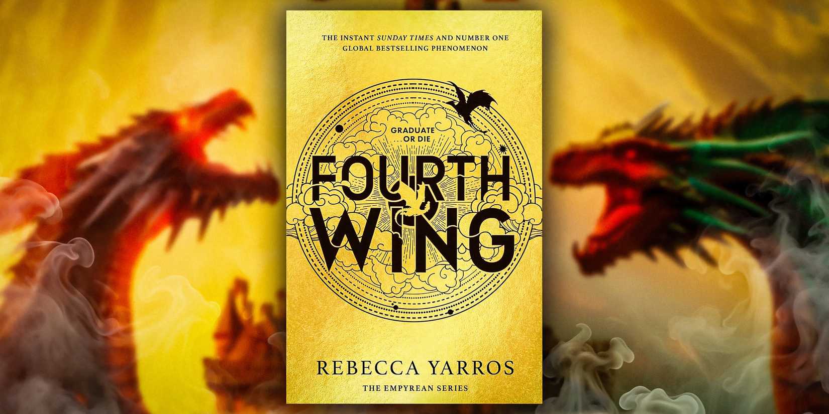 Fourth Wing book cover with dragons in the background