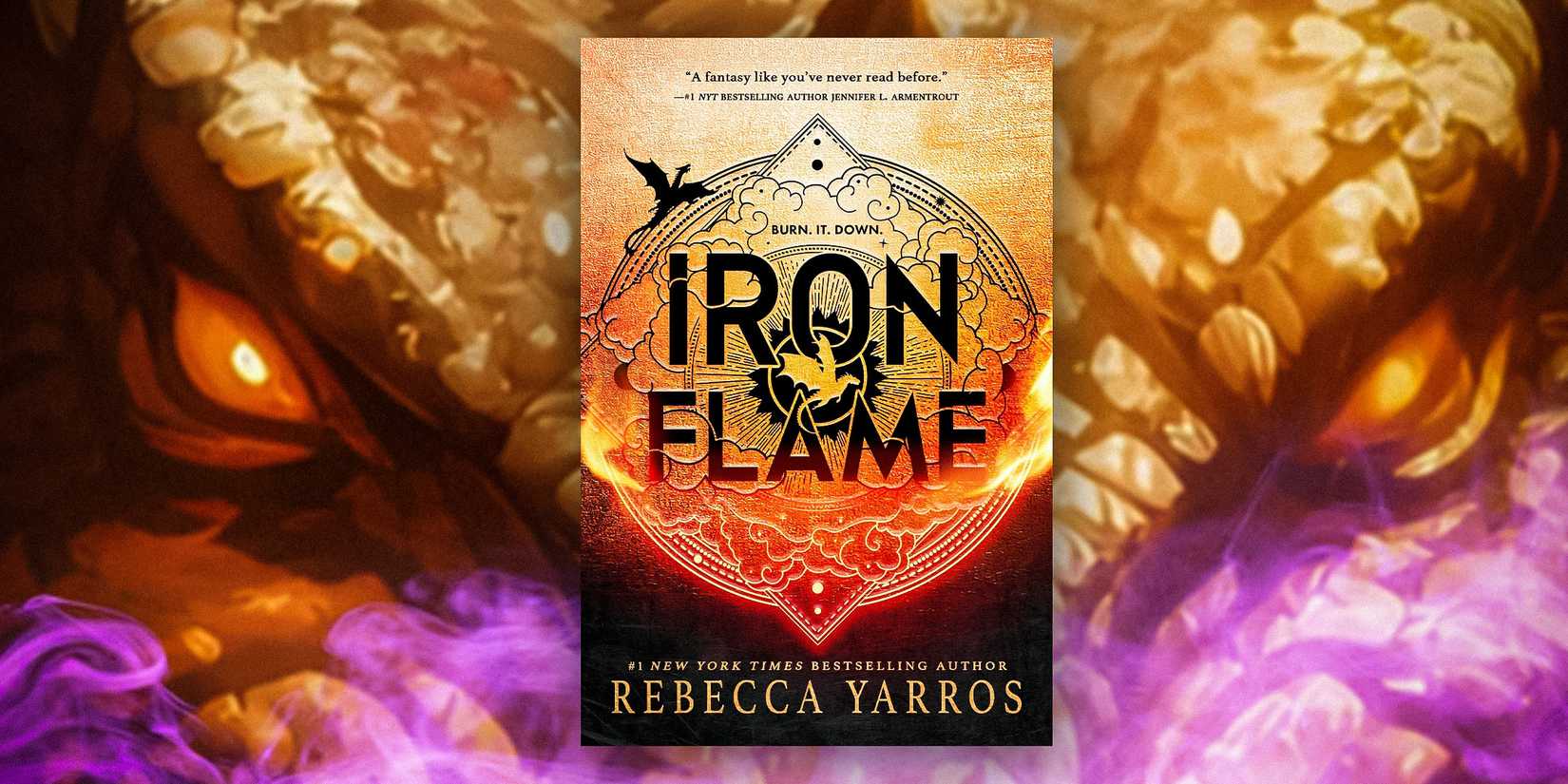 A custom image of Iron Flame's cover with a dragon breathing purple smoke in the background. 