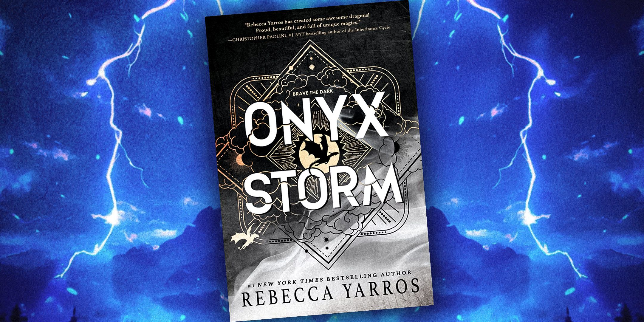 The cover of Onyx Storm by Rebecca Yarros against a blue background with lightning