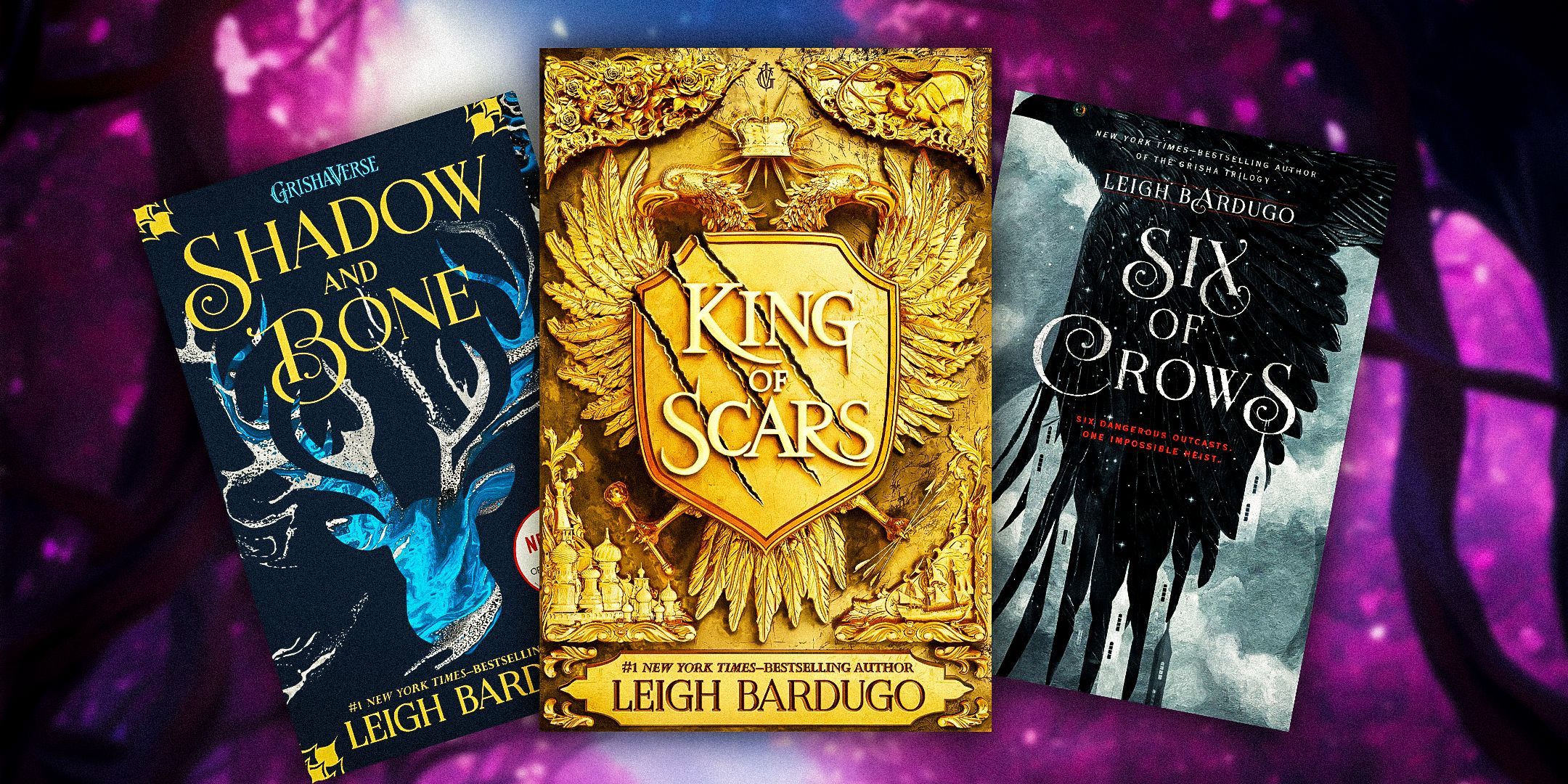 Shadow And Bone, King Of Scars, and Six Of Crows Books by Leigh Bardugo against a purple background.