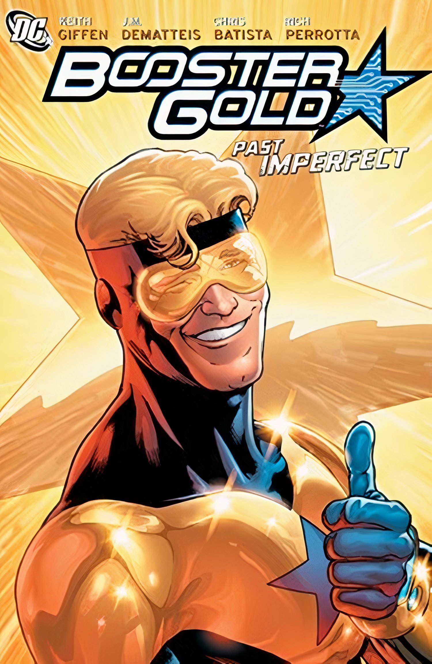 Capa de quadrinhos: Booster Gold faz sinal de positivo enquanto sorri e pisca.