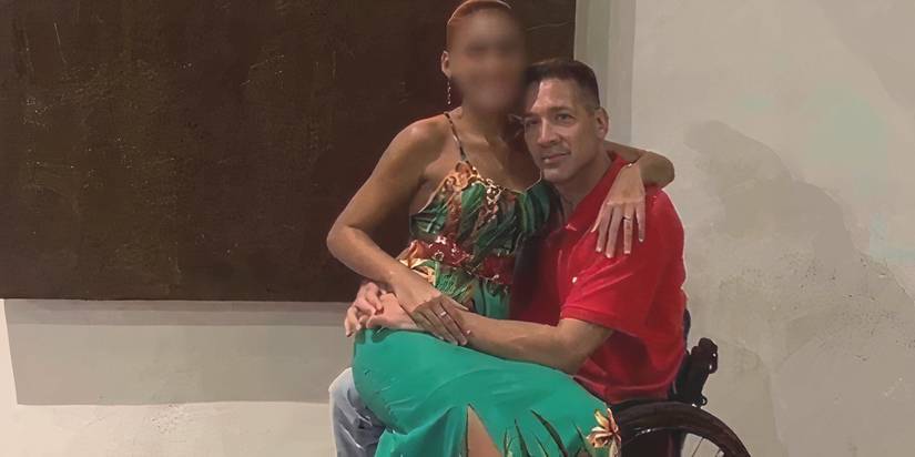 Brian Muniz in 90 Day Fiance in wheelchair with wife sitting on his lap