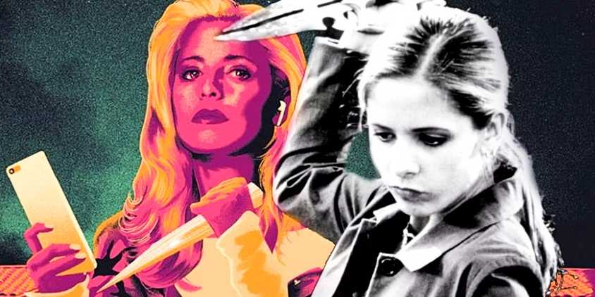 Buffy the Vampire slayer from the comics (left, background) and the TV series (right, foreground)