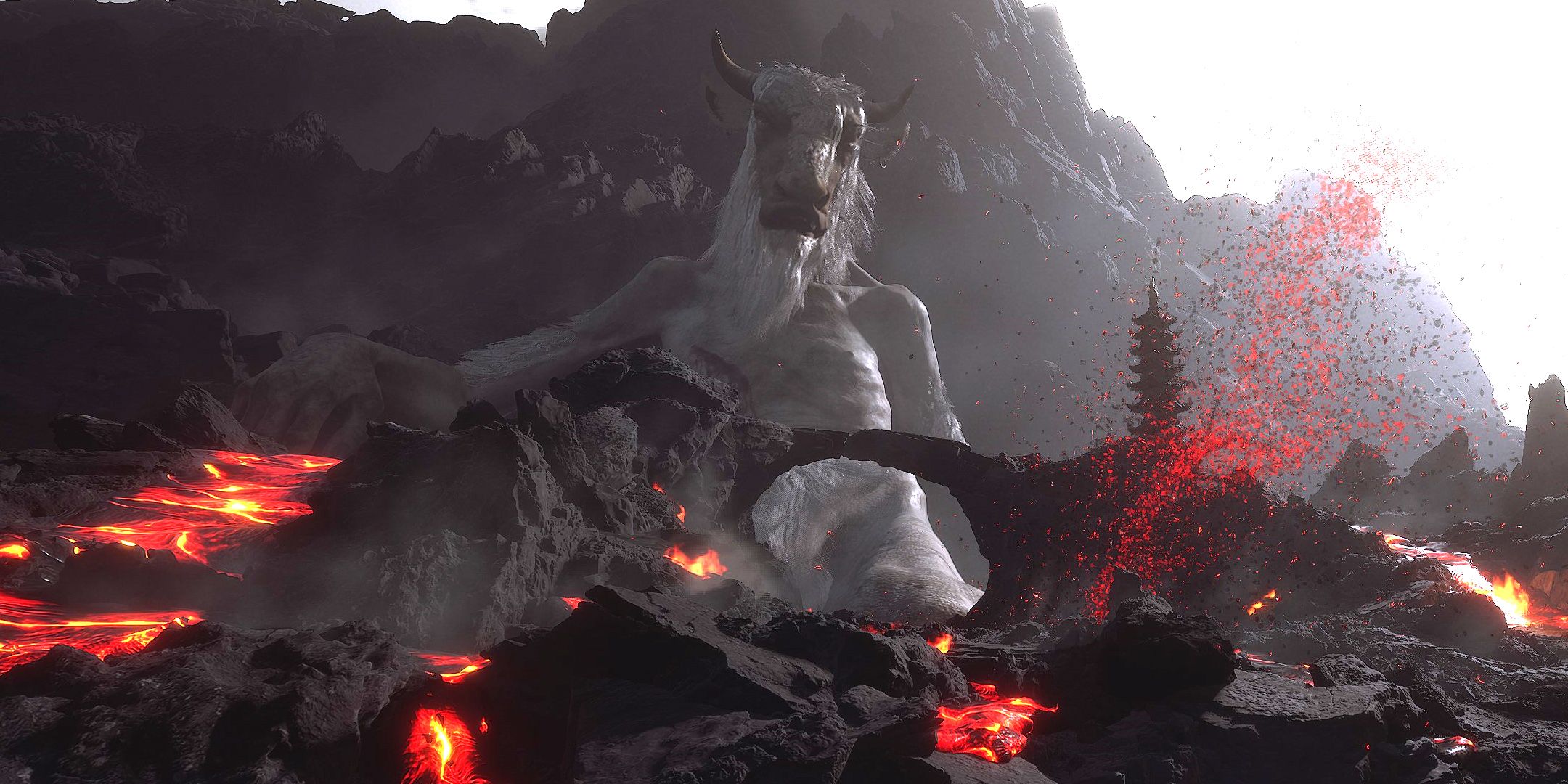 The huge Bull King reclining against a mountain in Black Myth Wukong.