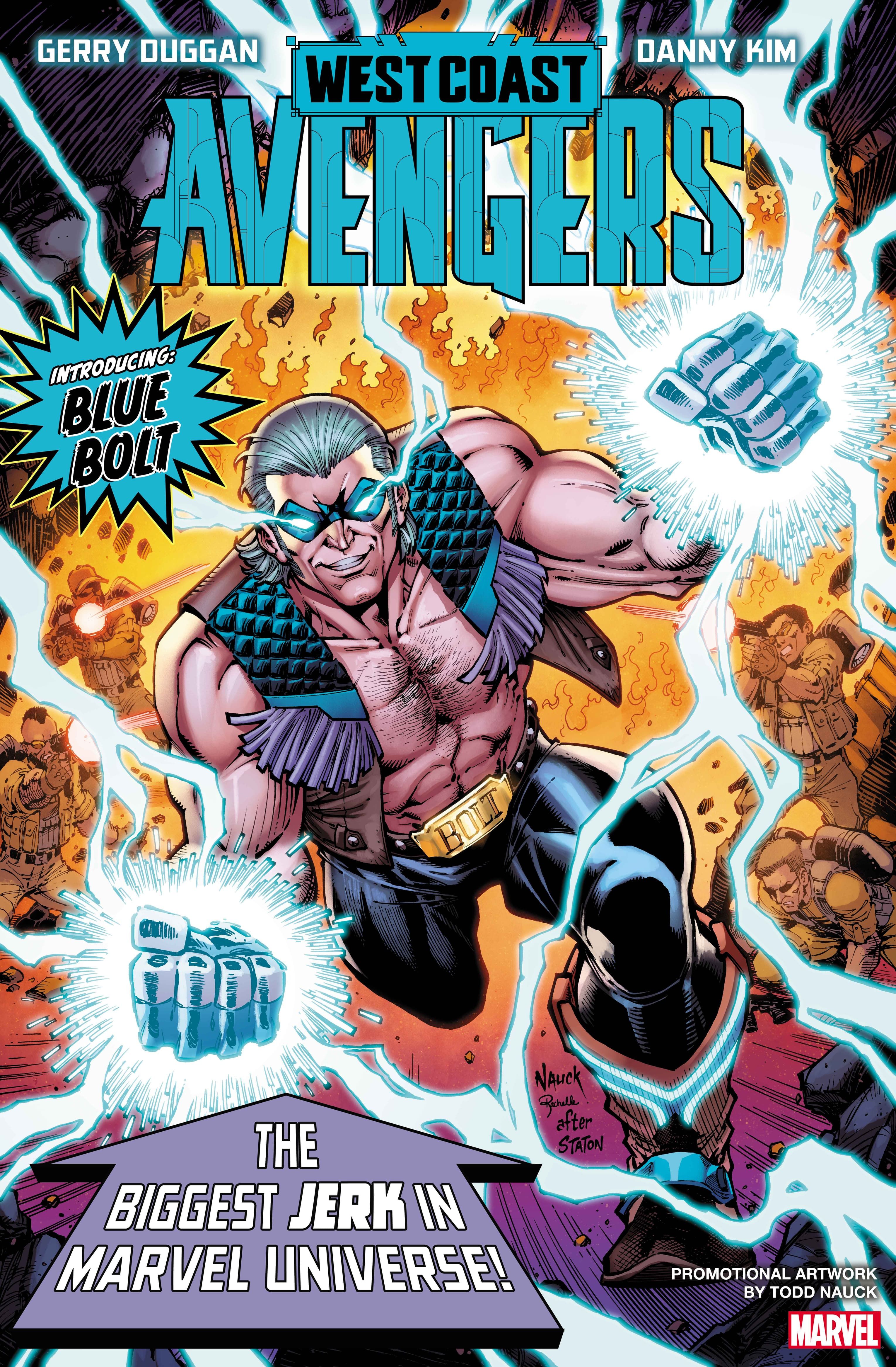 Arte promocional de Todd Nauck para o novo personagem Blue Bolt em West Coast Avengers - Maior idiota da Marvel