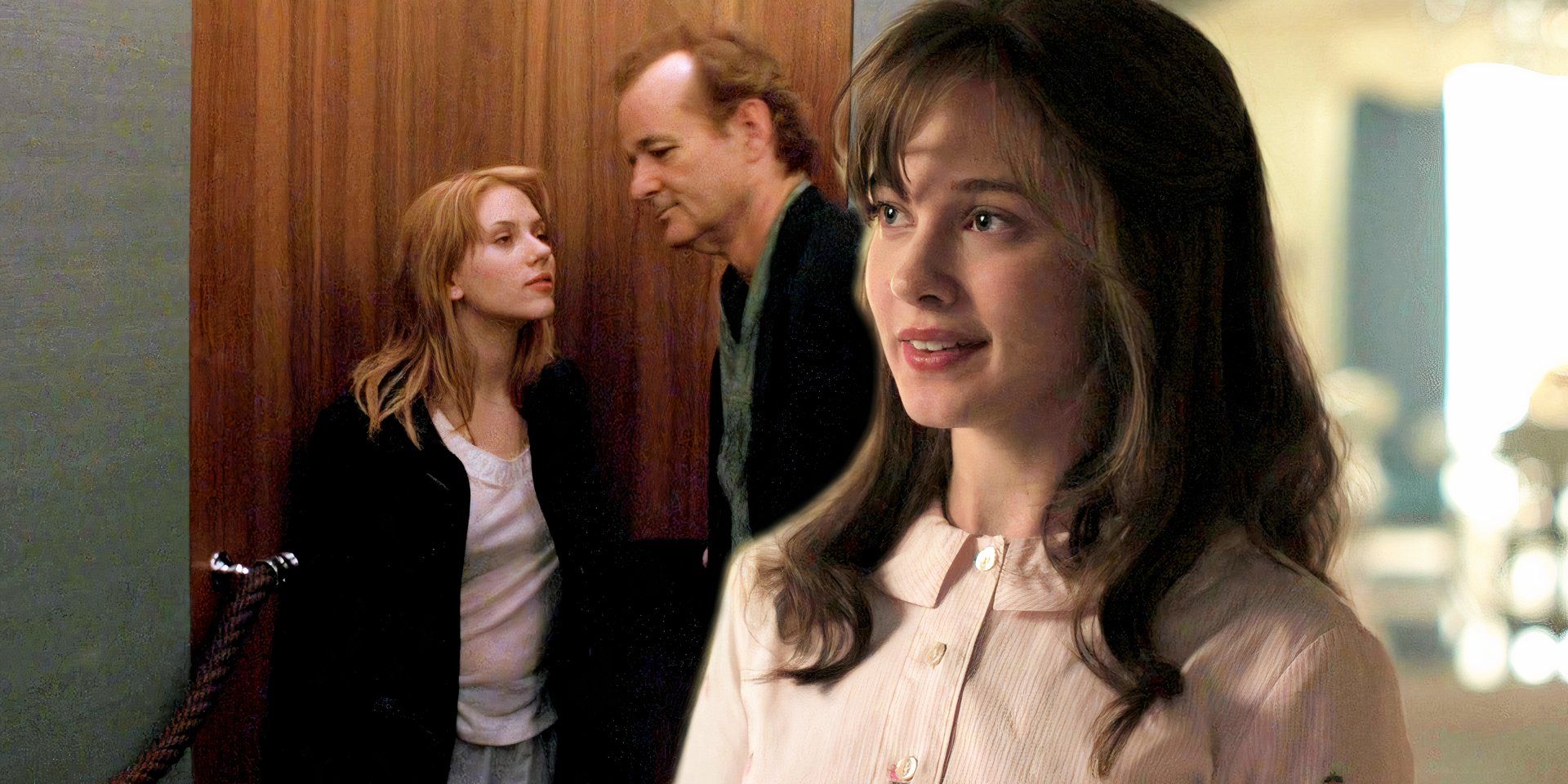 Cailee Spaeny as Priscilla Presley while Scarlett Johansson and Billy Murray are in the elevator in Lost in Translation