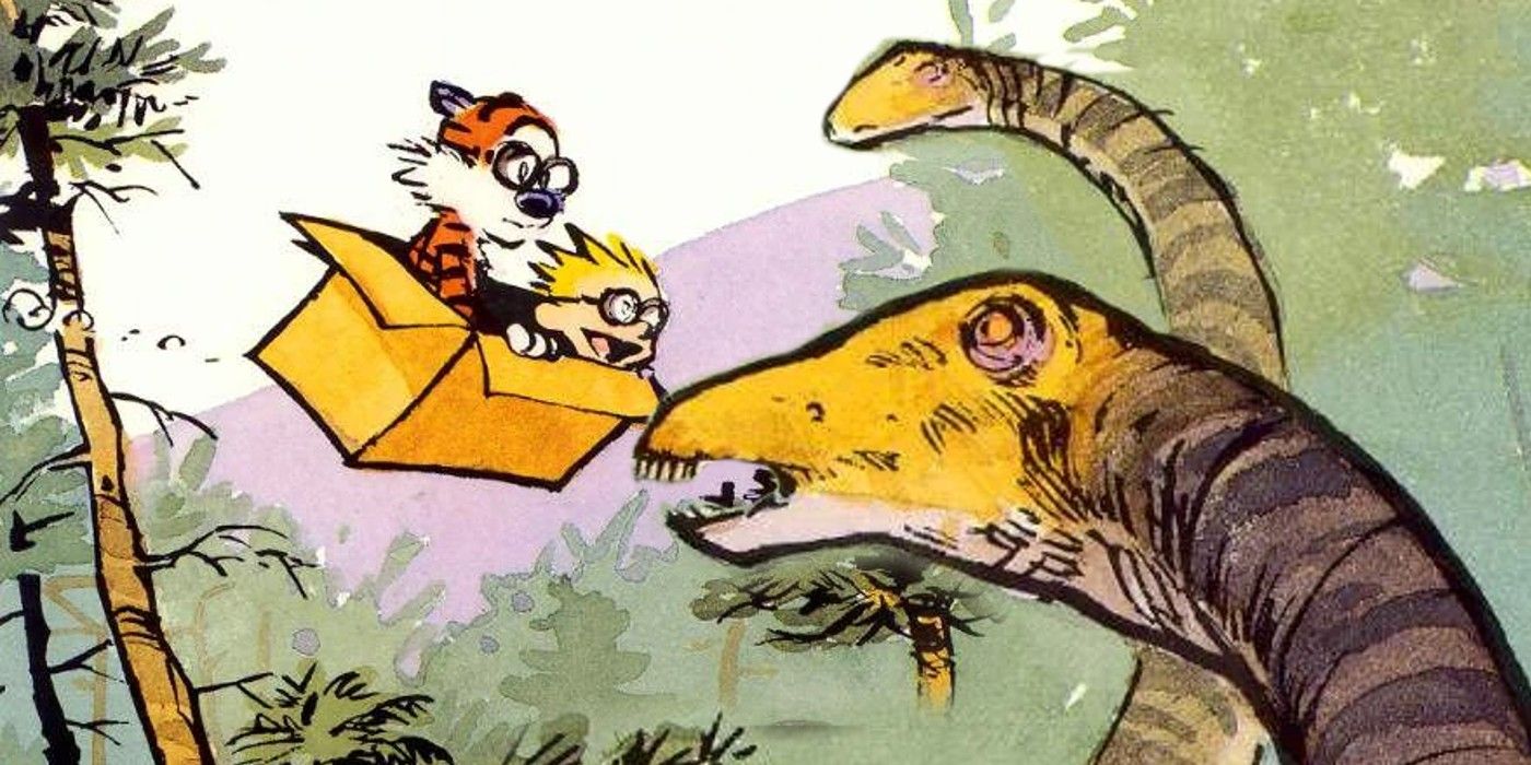 Calvin and Hobbes time travel and see dinosaurs