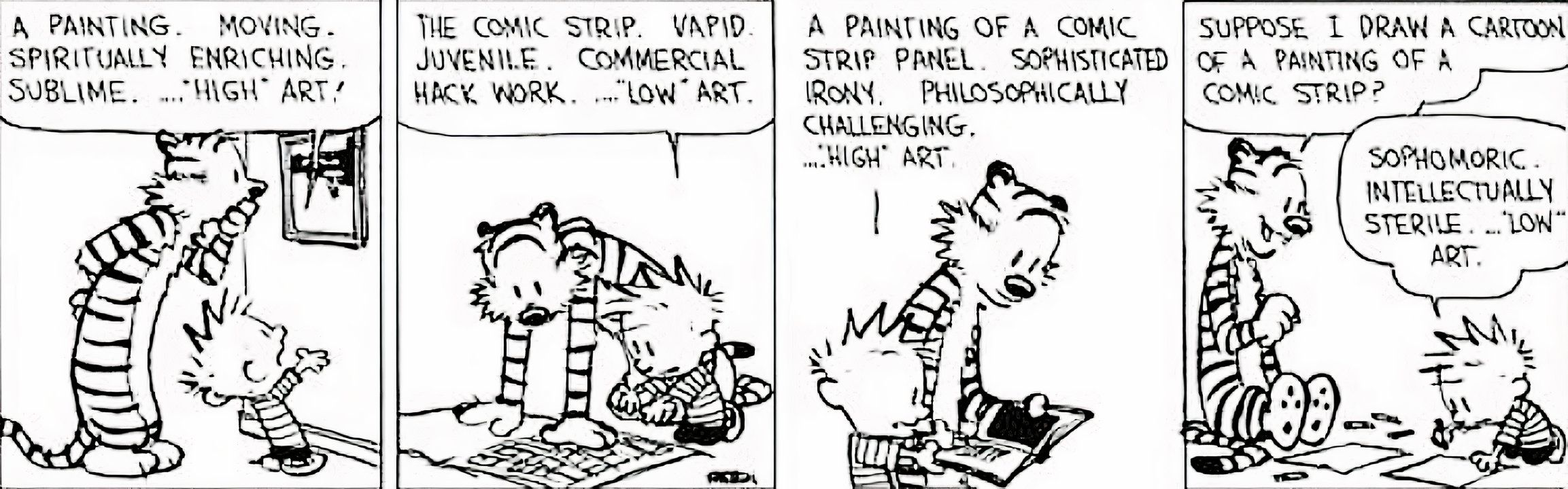 Calvin & Hobbes 20 de julho de 1993, Calvin explica as distinções entre alta e baixa arte para Hobbes