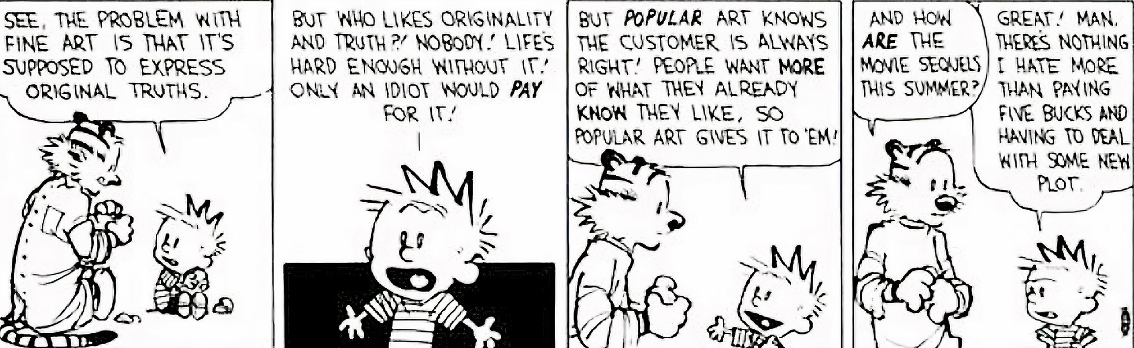 Calvin & Hobbes, 25 de junho de 1992, Calvin explica o problema das belas-artes para Hobbes