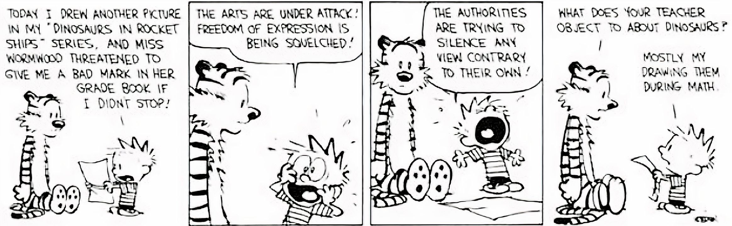 Calvin & Hobbes, 3 de novembro de 1990, Calvin discursa sobre sua arte ter sido surpreendida, quando ele não deveria estar rabiscando durante a matemática