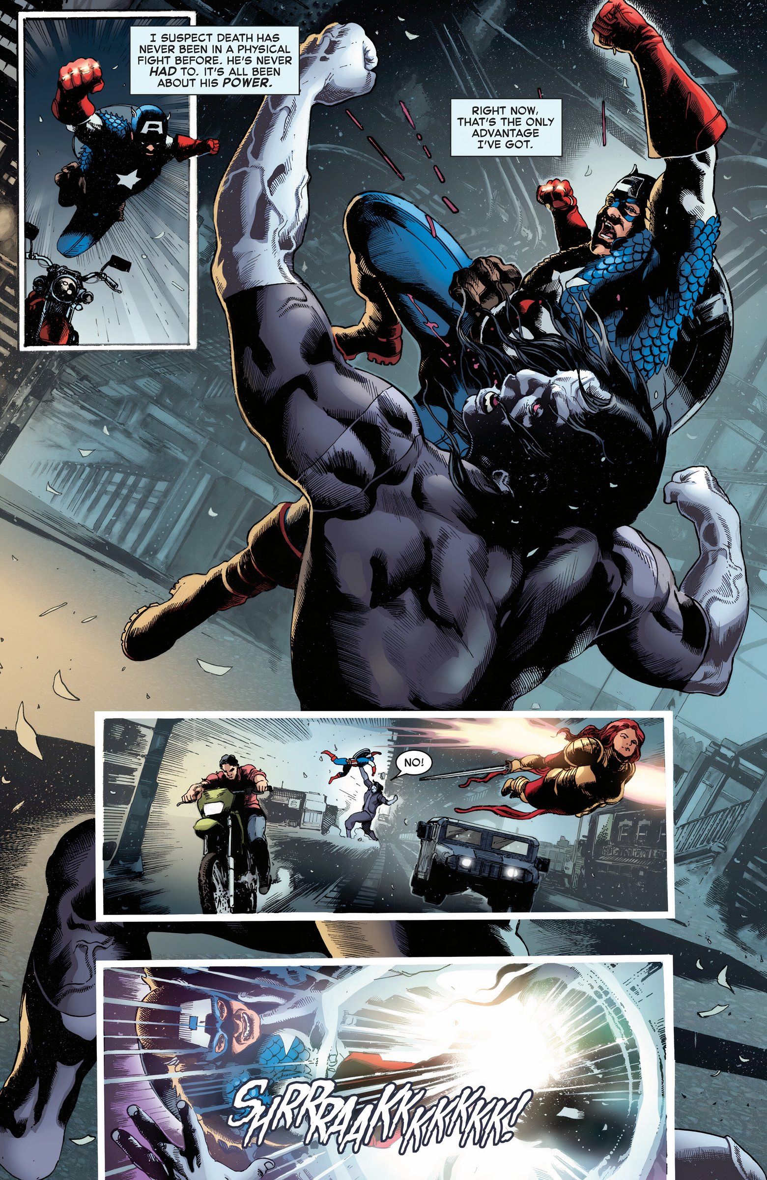 Captain America throws the first punch at Death and knocks him backward. 