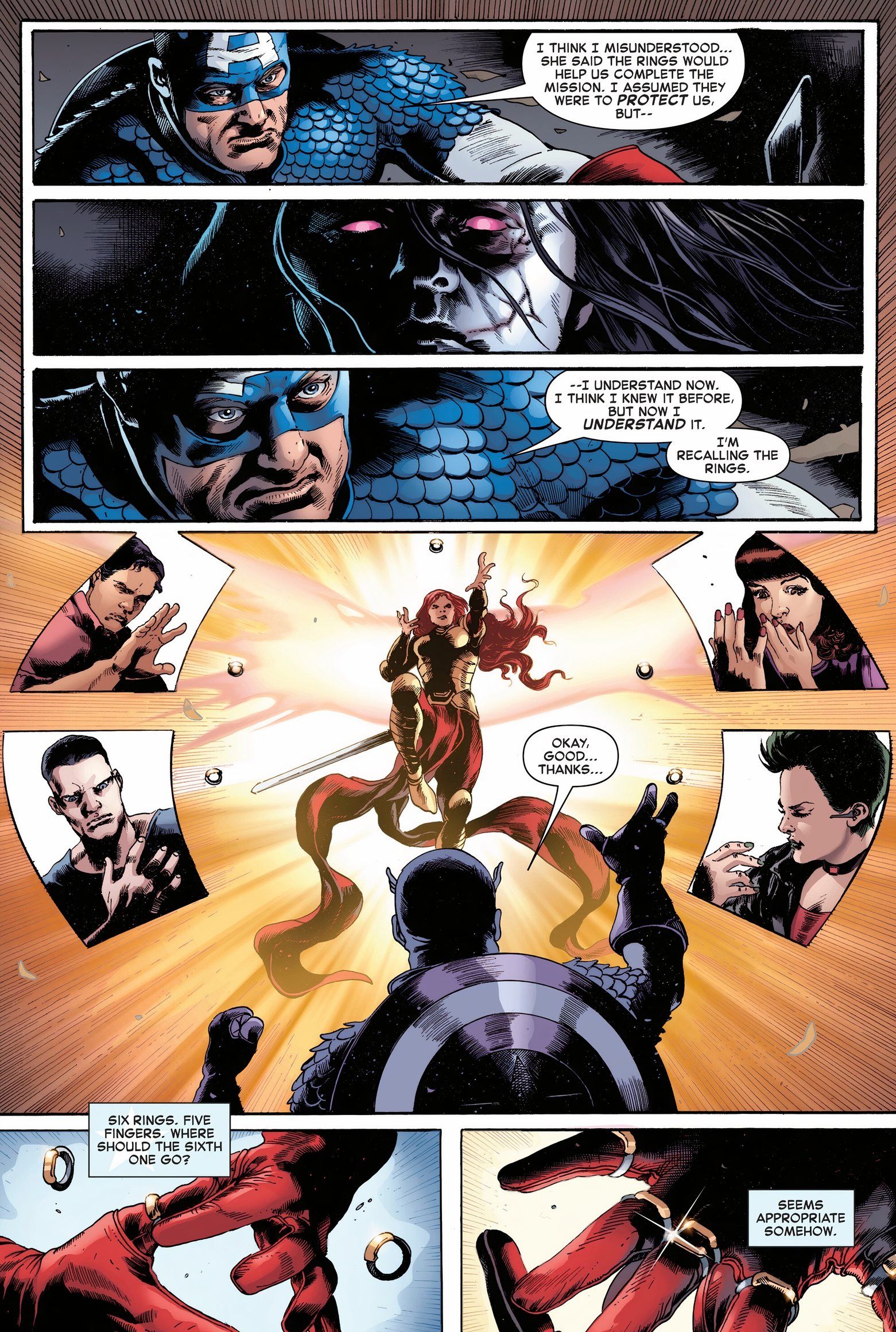 Captain America gathers Lyra's golden rings from his Change Agents and puts them on his gloved hand. 