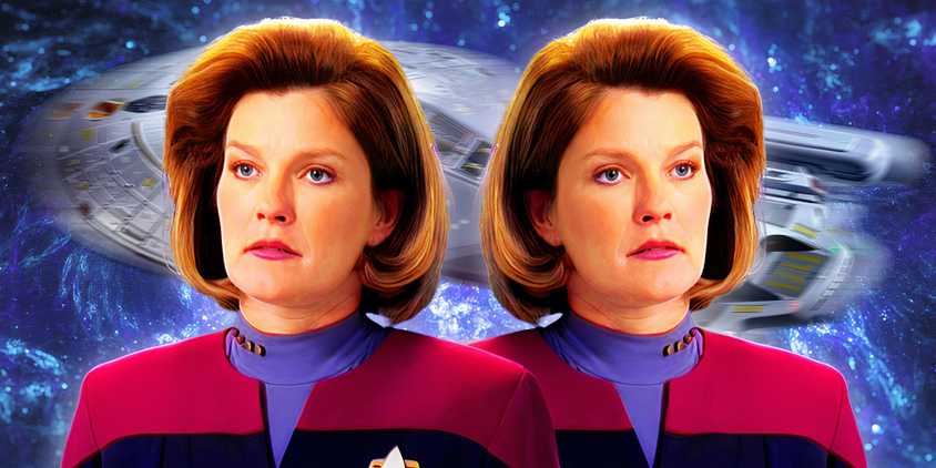 A collage of two images of Captain Janeway (Kate Mulgrew) from Star Trek: Voyager facing away from each other with the USS Voyager in the background.