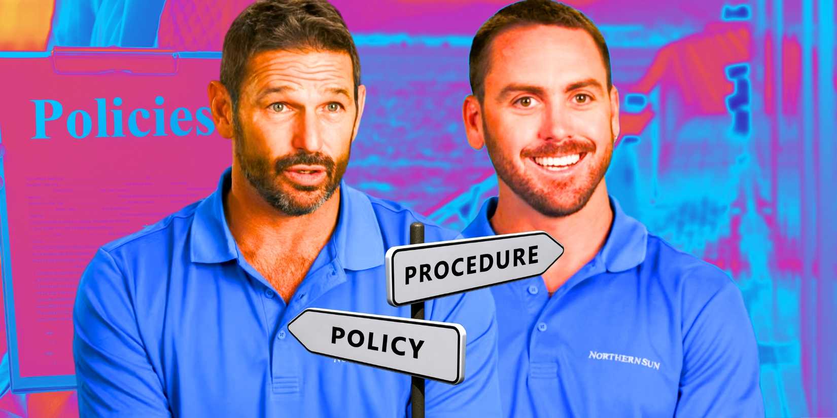 Below Deck Down Under's Captain Jason Chambers and Luke Jones wear blue shirts behind "Policy" & "Procedure" signs