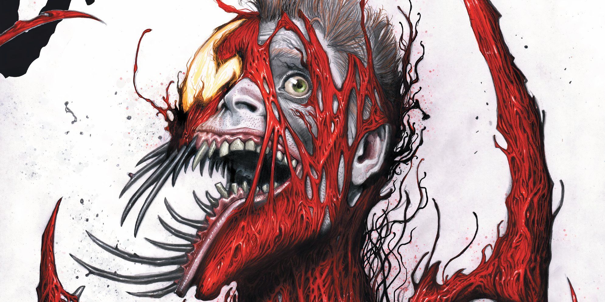 Arte em quadrinhos: Carnificina (em cores) consumindo seu apresentador Cletus Kasady (em preto e branco), corpos grotescamente se tornando um só.