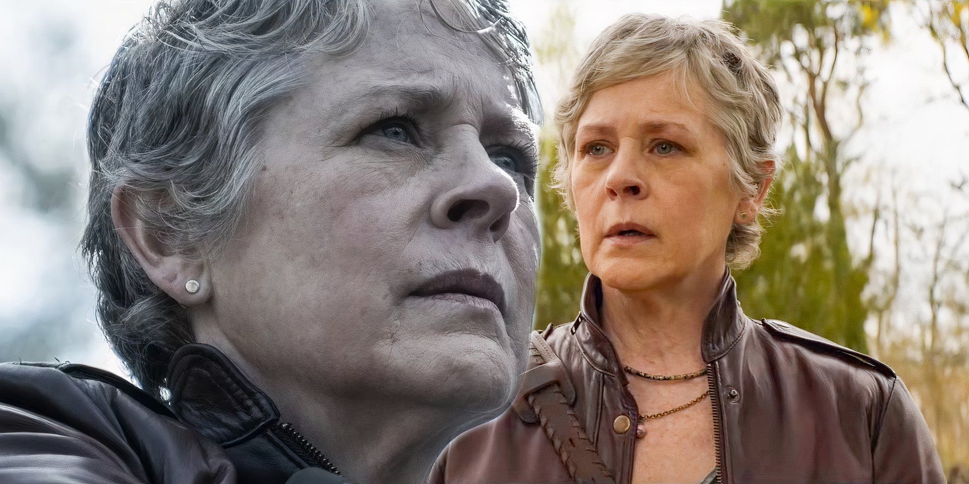 Melissa McBride as Carol looking serious next to Carol looking surprised in The Walking Dead Daryl Dixon season 2