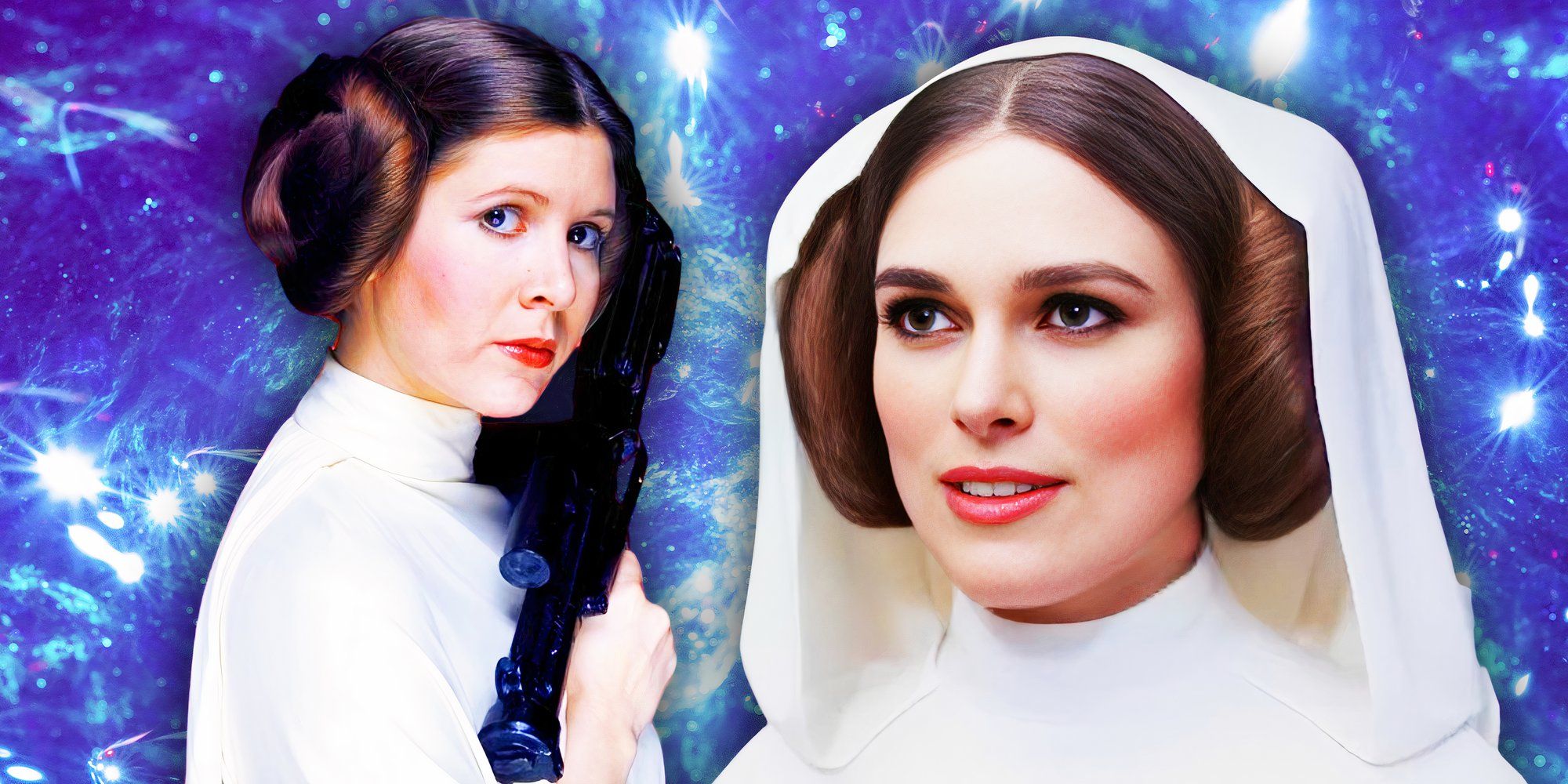 Carrie Fisher as Leia Organa and Keira Knightley